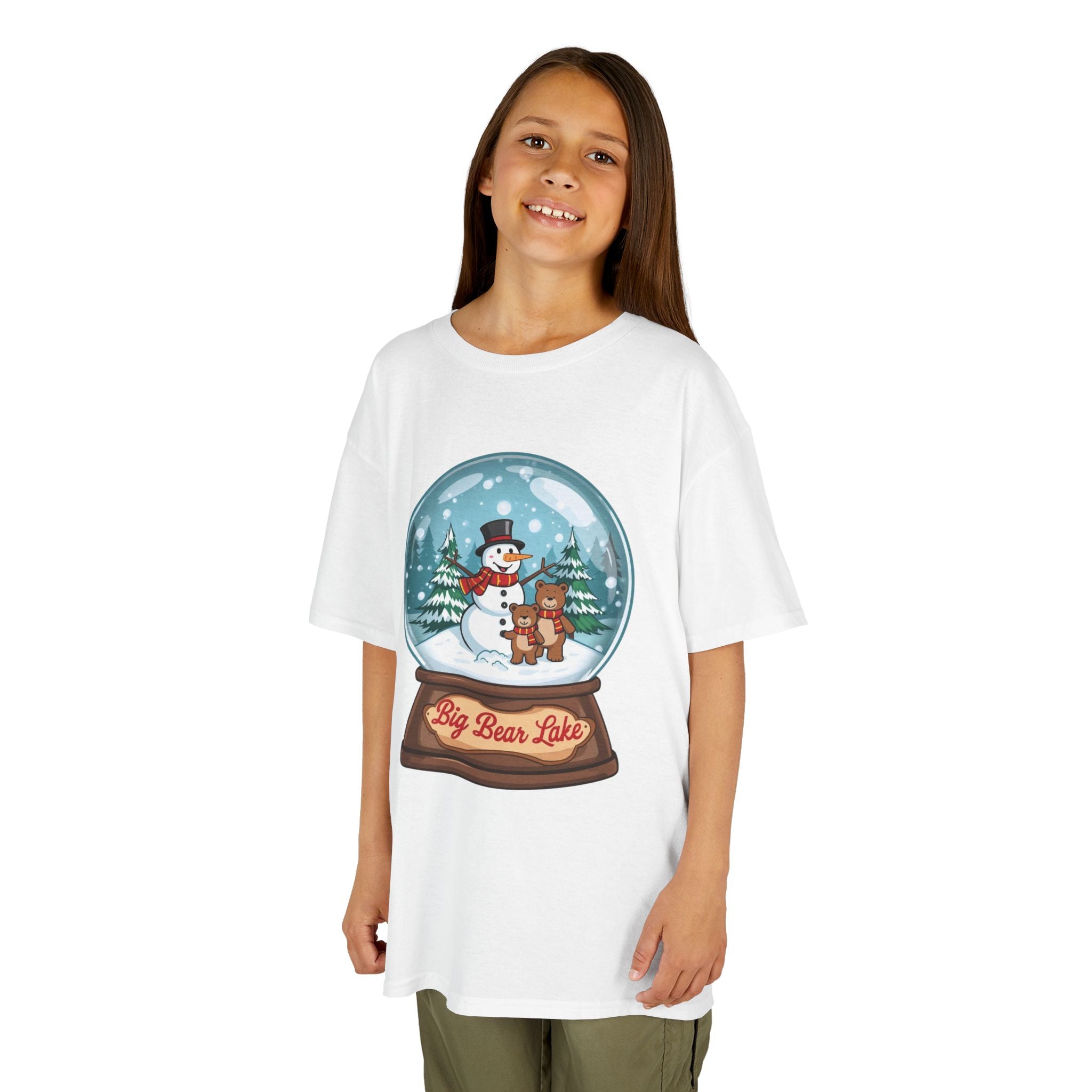 Big Bear Lake Snow Globe Kids Christmas Shirt – Cute Snowman & Bear Holiday Tee | Mountain Winter Cabin Gift | Christmas Kids Tee | Gildan 5000B