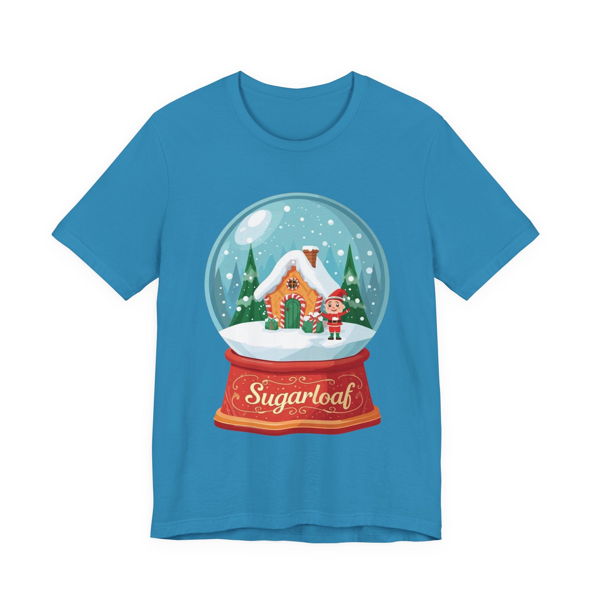 Sugarloaf Christmas Shirt – Snow Globe Elf & Candy Cottage Scene Tee | Mountain Town Christmas Gift | Bella Canvas 3001