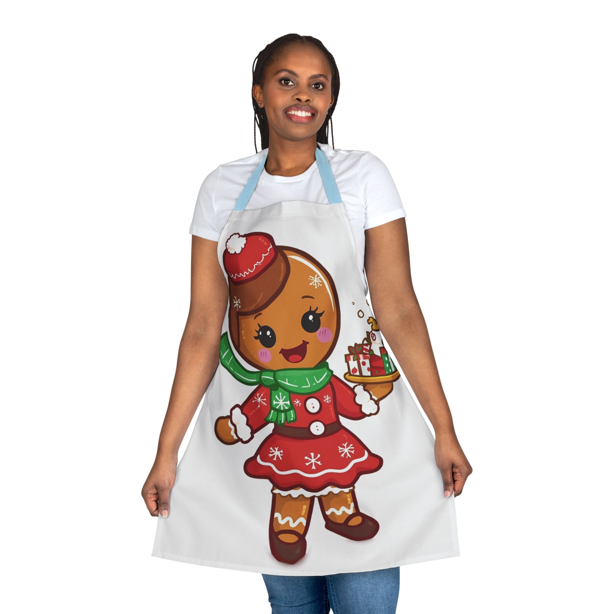 Gingerbread Baker Holiday Apron — Cute Gingerbread Person Holding Gifts, Christmas Kitchen Apron