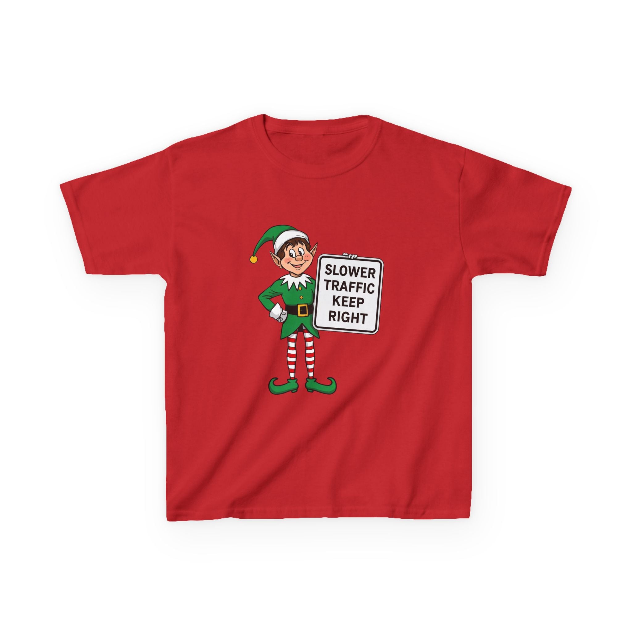 Funny Elf Traffic Kids Christmas Shirt – Slower Traffic Keep Right Holiday Tee | Cute Christmas Elf Humor | Gildan 5000B