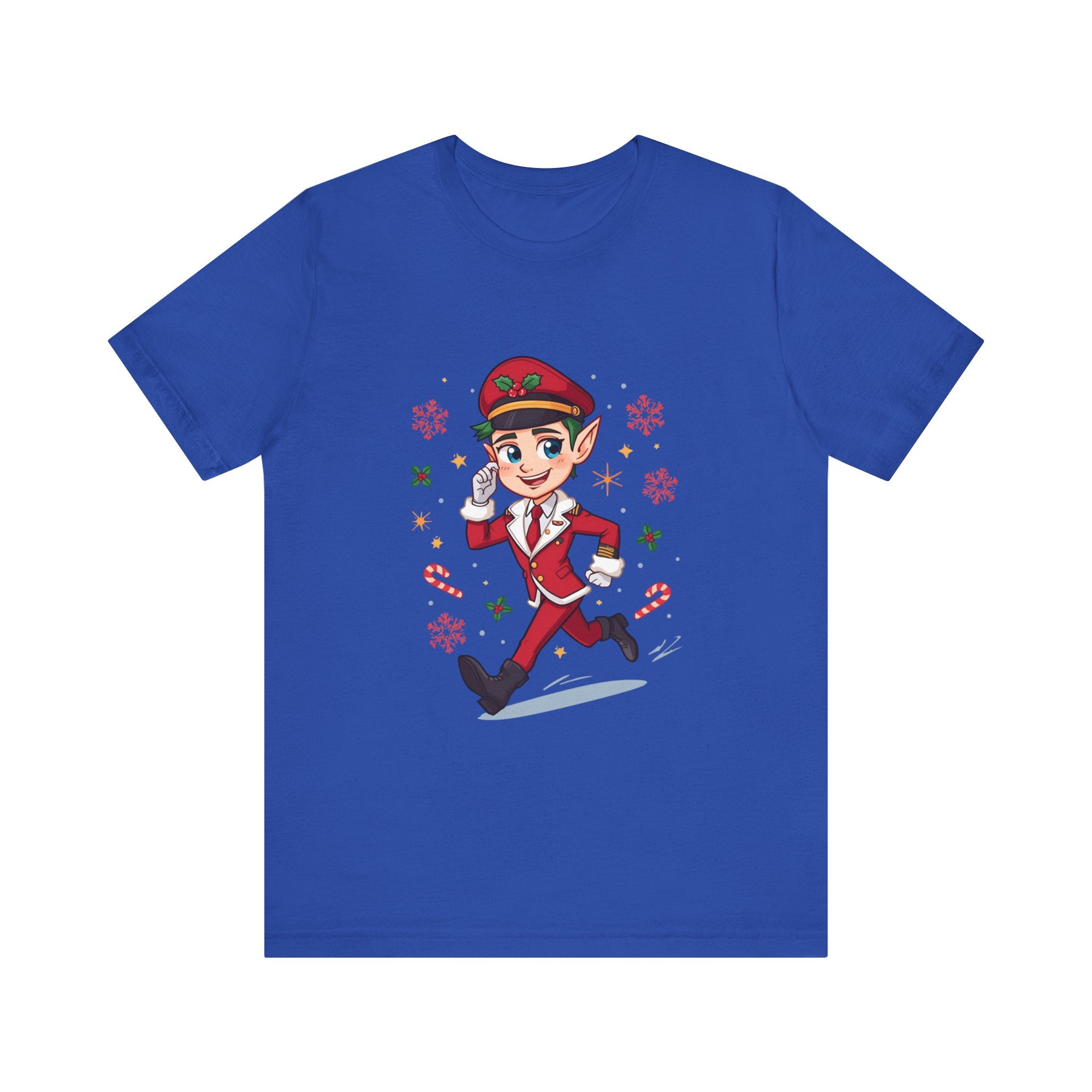 Christmas Candy-Stripe Elf Pilot Tee — Cute Holiday Elf Running with Candy Canes