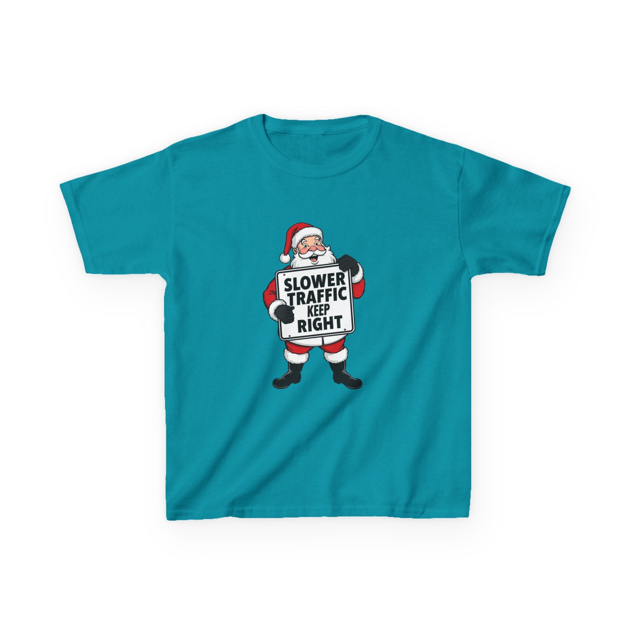 Slower Traffic Keep Right Santa Kids Christmas Shirt – Funny Holiday Driving Sign Tee | Santa Humor Christmas Tee | Youth Gildan 5000B