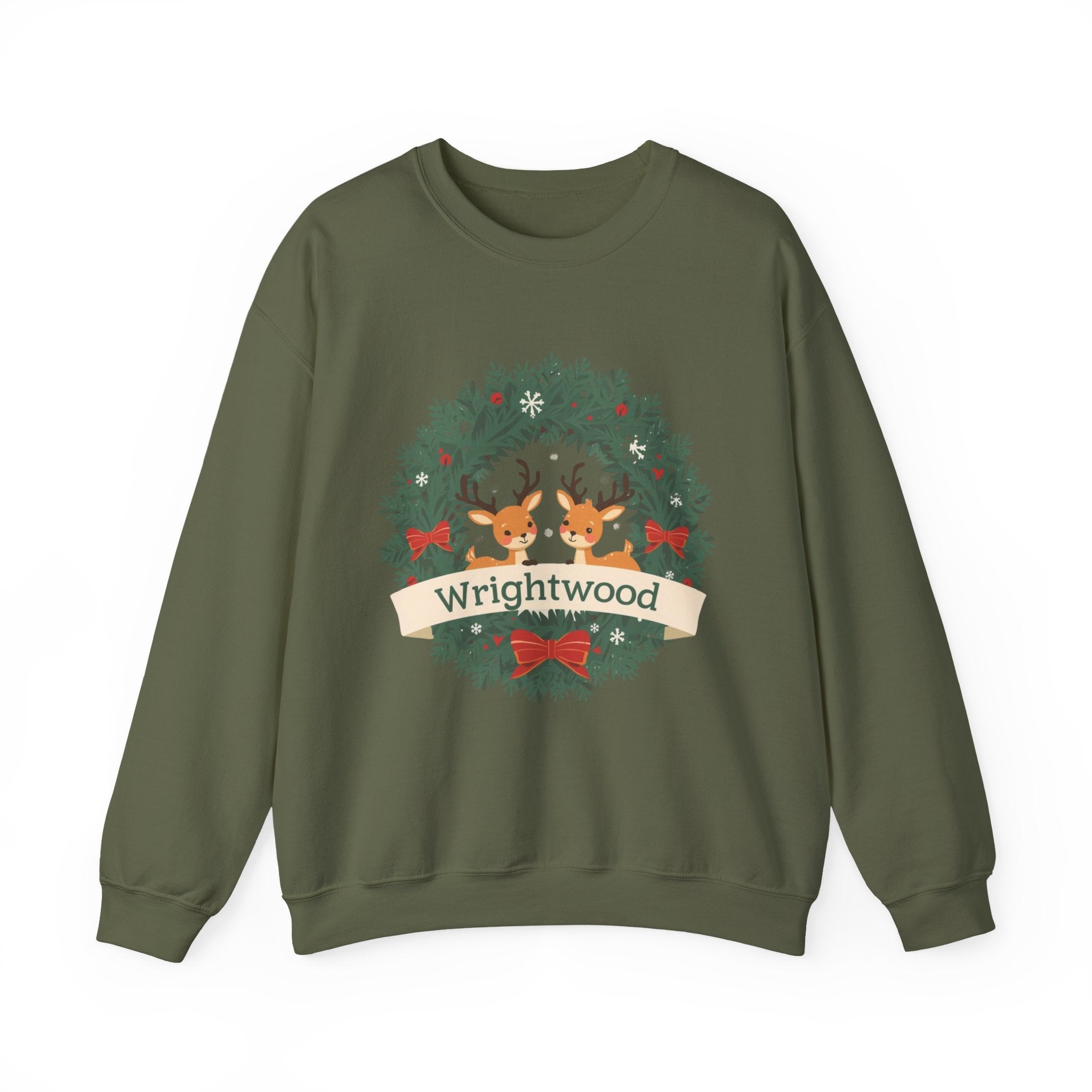 Wrightwood Christmas Sweatshirt – Holiday Wreath Deer Crewneck | Cute Mountain Town Winter Sweater | Wrightwood CA Gift | Gildan 18000