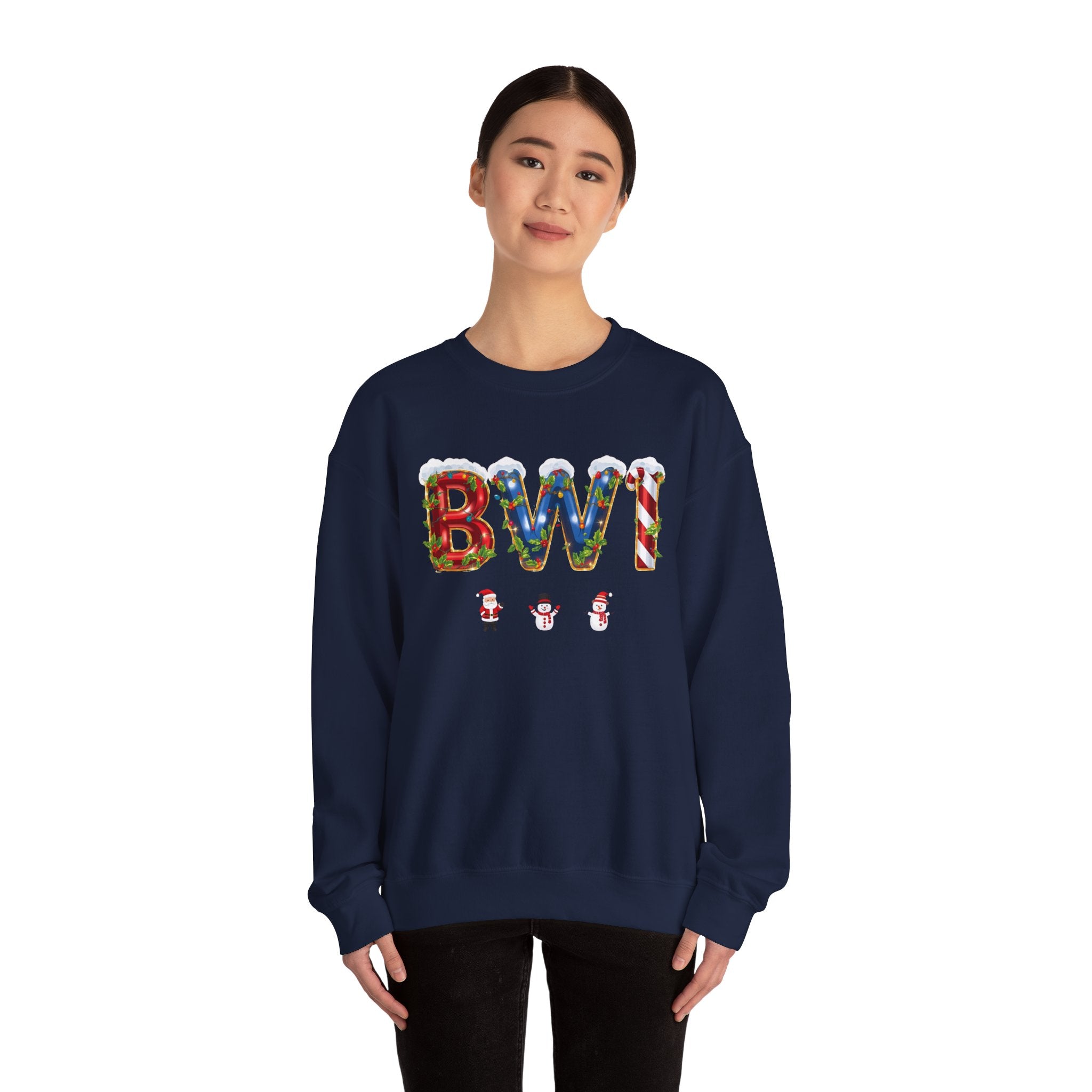 BWI Christmas Sweatshirt – Festive Holiday Letter Art Tee | Christmas Gift | Gildan 18000