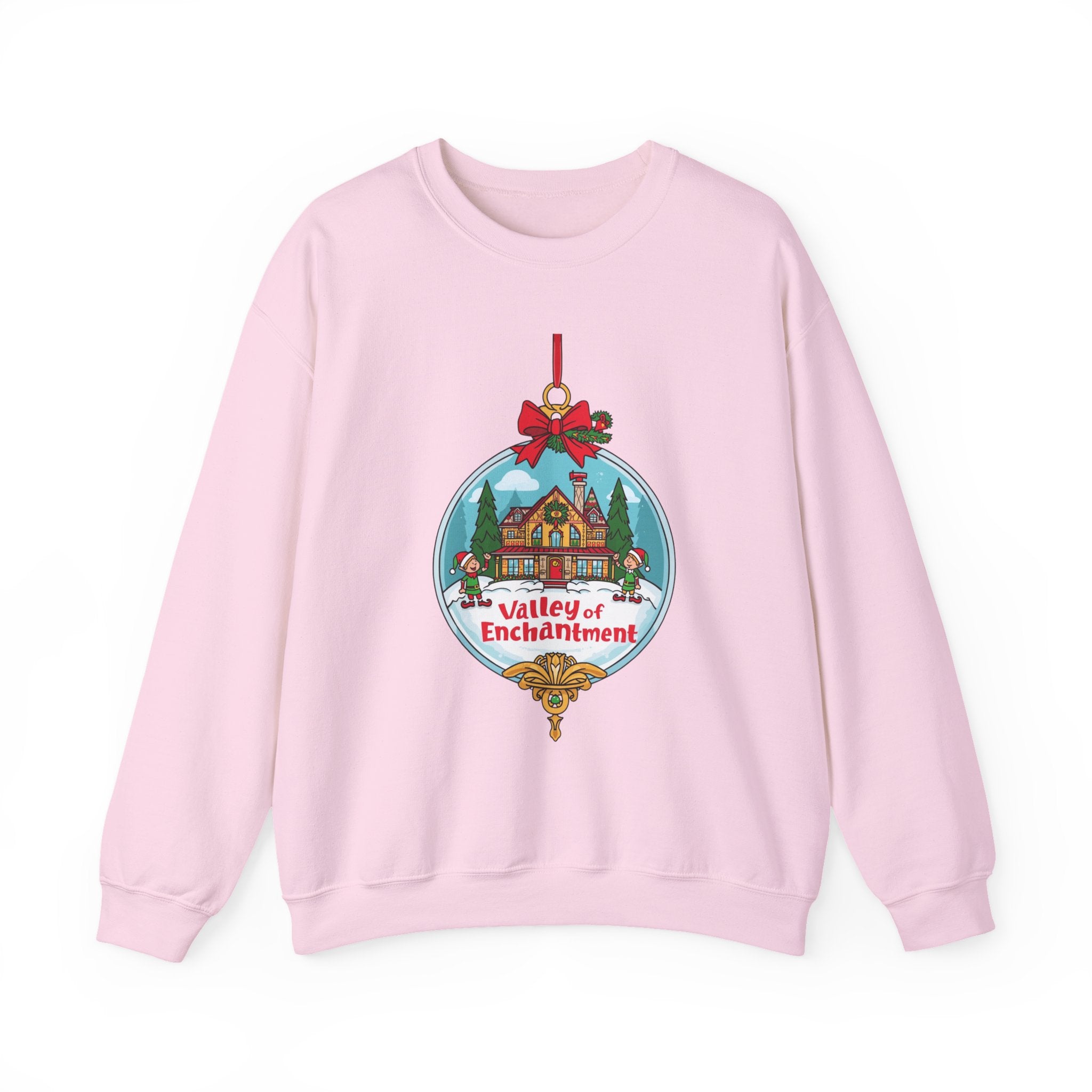 Valley of Enchantment Christmas Sweatshirt – Cute Holiday Ornament House & Elves Crewneck | Mountain Town Christmas Gift | Gildan 18000