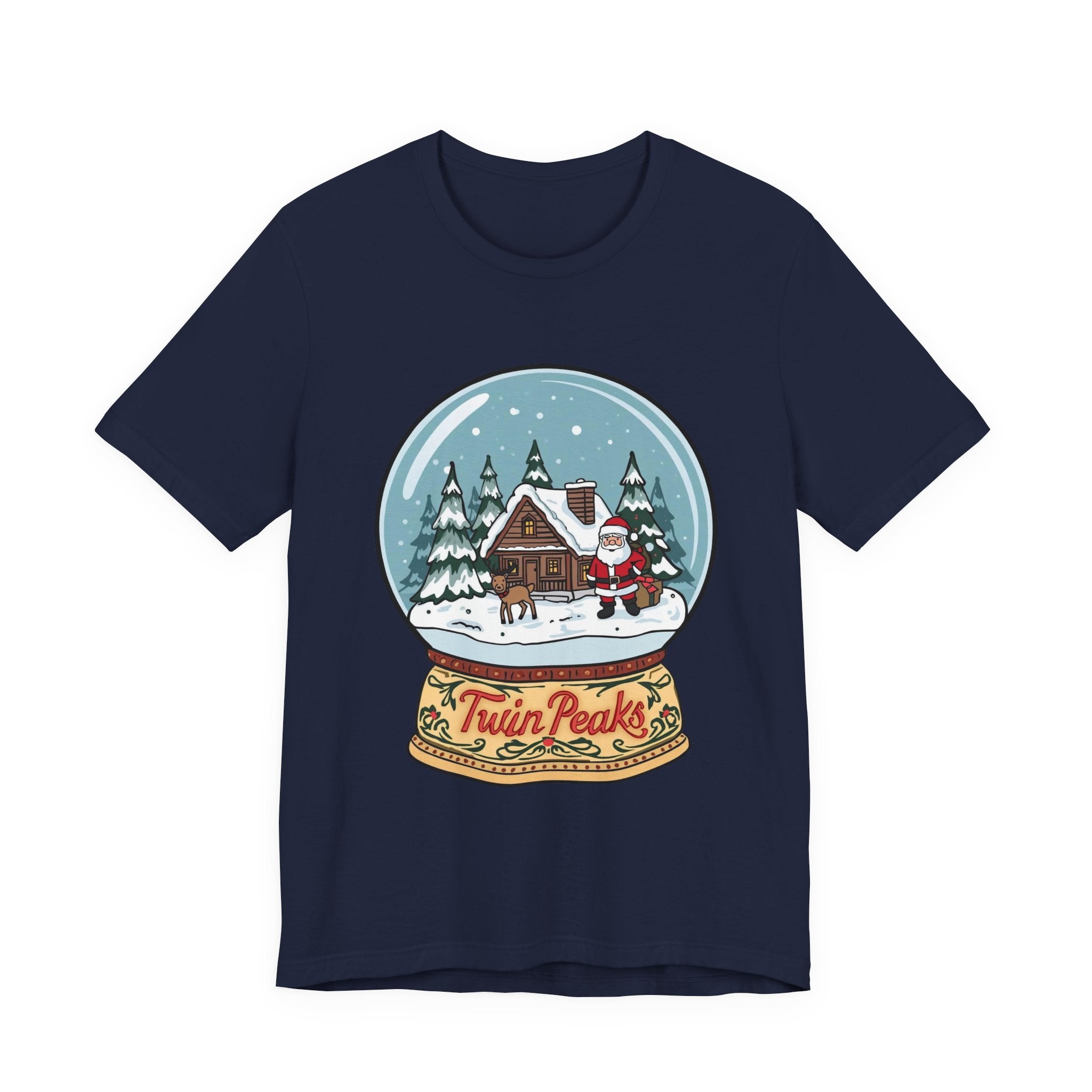 Twin Peaks Christmas Shirt – Snow Globe Santa & Cabin Scene Tee | Mountain Town Christmas Gift | Bella Canvas 3001