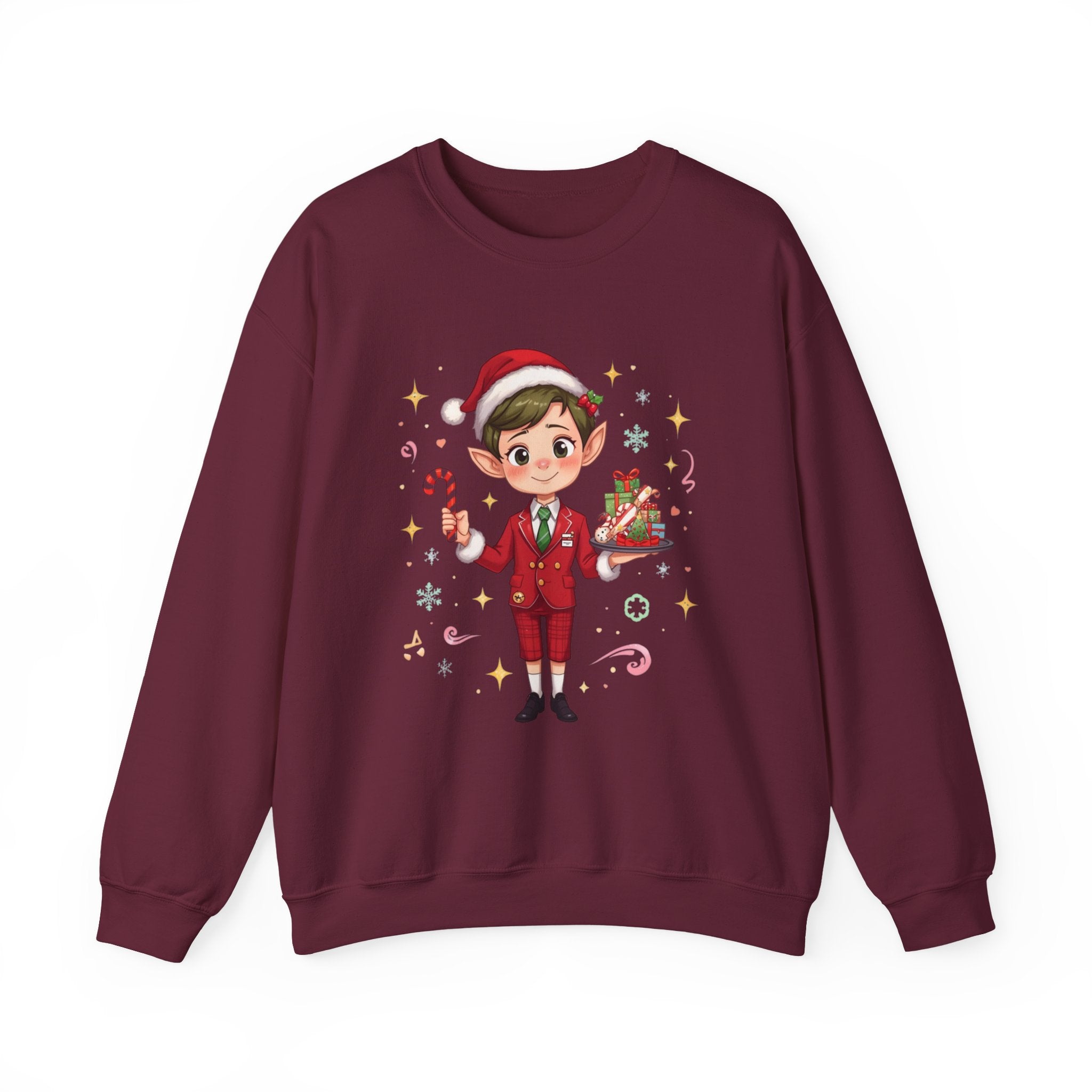 Christmas Cabin Elf Crewneck Sweatshirt — Cute Holiday Elf Holding Candy Cane & Gifts