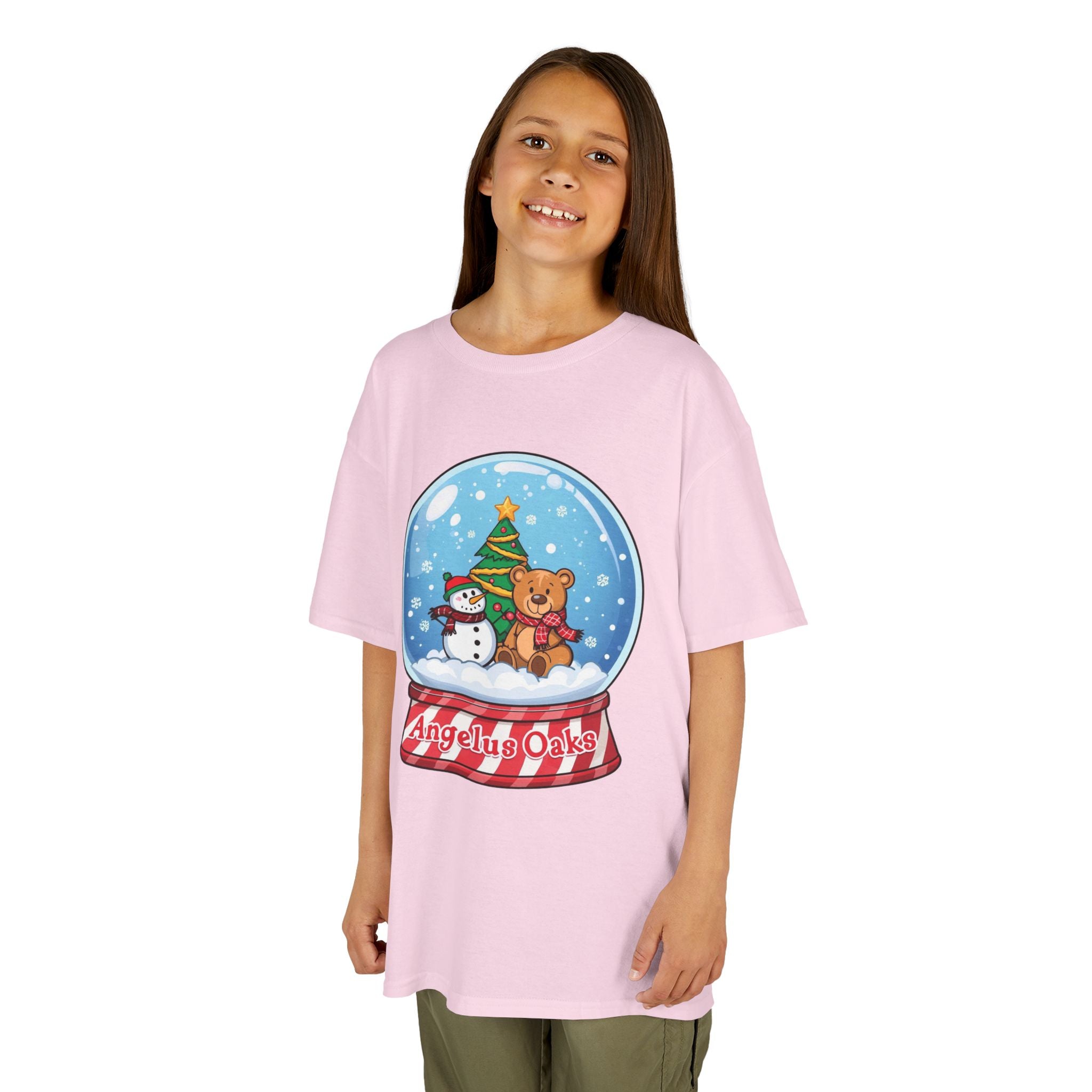 Kids Angelus Oaks Christmas Shirt – Snow Globe Bear & Snowman Youth Tee | Cute Winter Holiday Shirt | Gildan 5000B