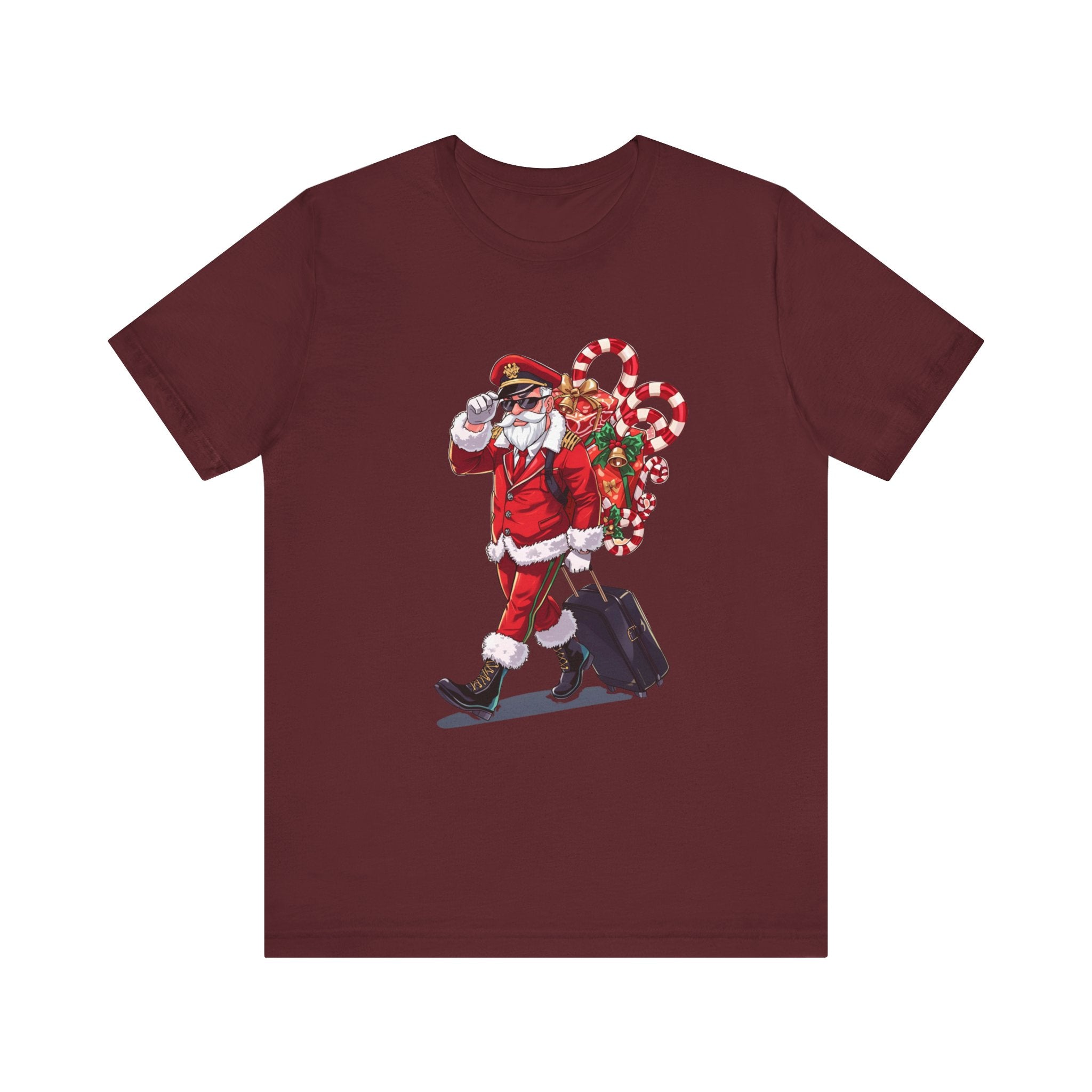 Saucy Santa Pilot T‑Shirt — Vintage Christmas Santa with Candy Cane Sack