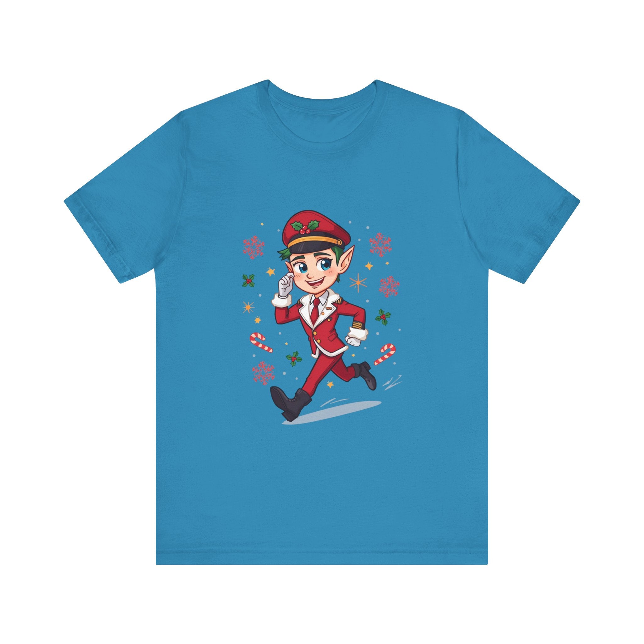 Christmas Candy-Stripe Elf Pilot Tee — Cute Holiday Elf Running with Candy Canes