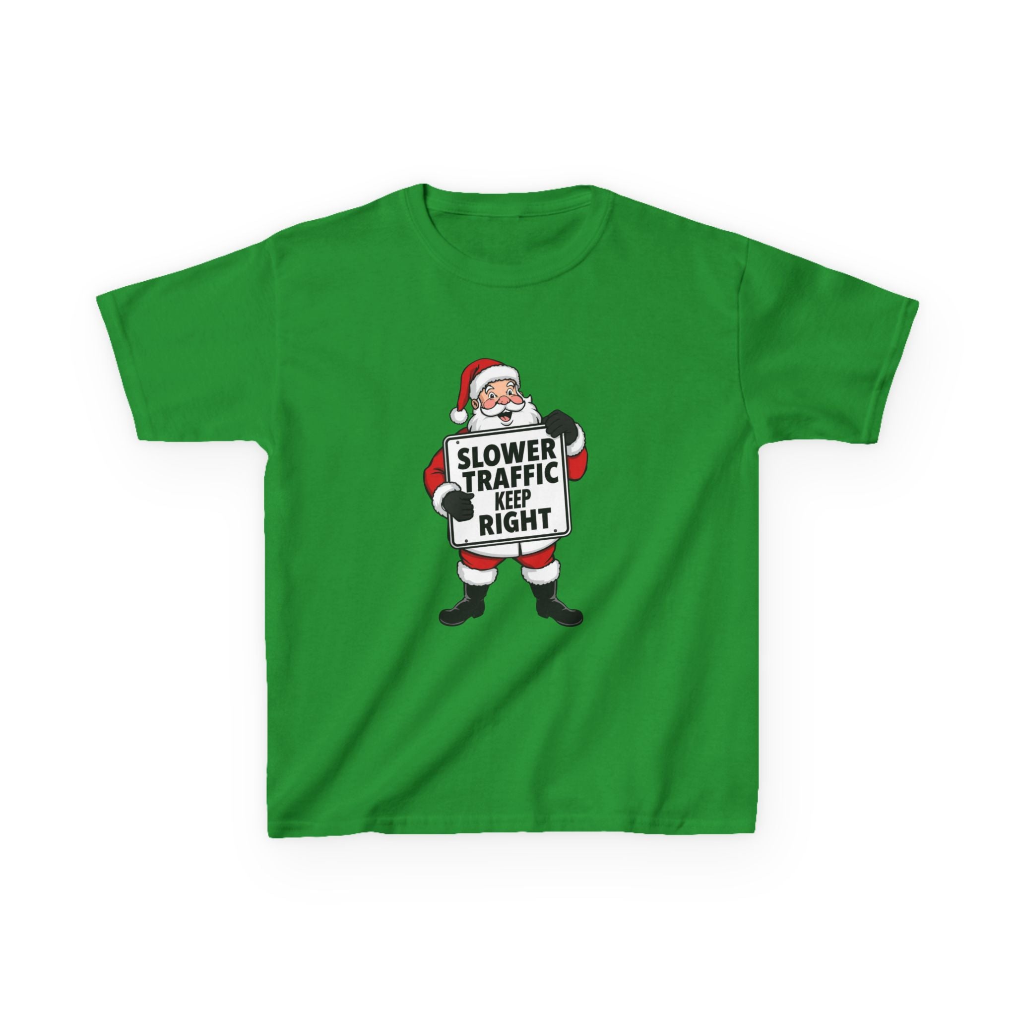 Slower Traffic Keep Right Santa Kids Christmas Shirt – Funny Holiday Driving Sign Tee | Santa Humor Christmas Tee | Youth Gildan 5000B
