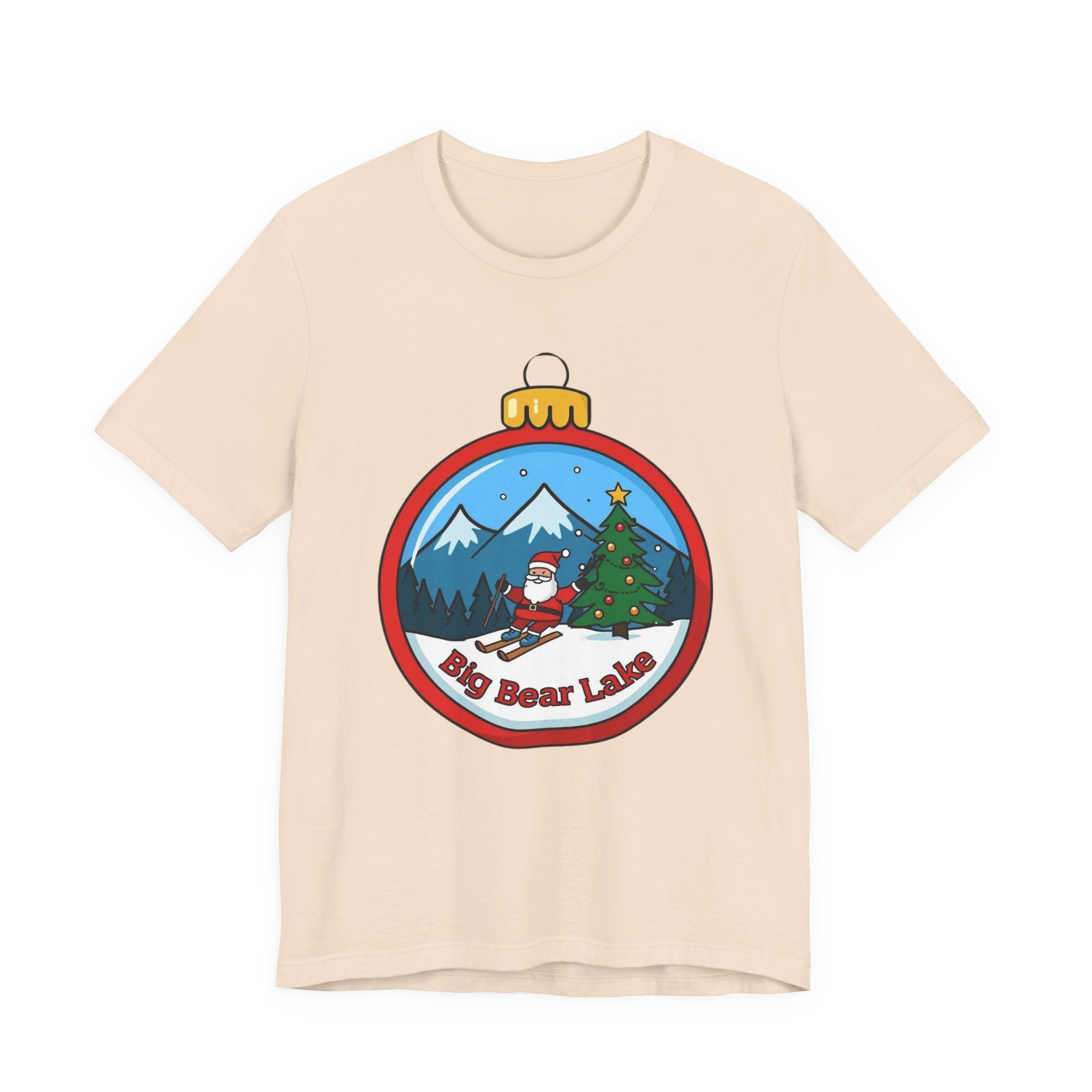 Big Bear Lake Skiing Santa Ornament T-Shirt — Christmas Mountain Holiday Tee | Bella Canvas 3001