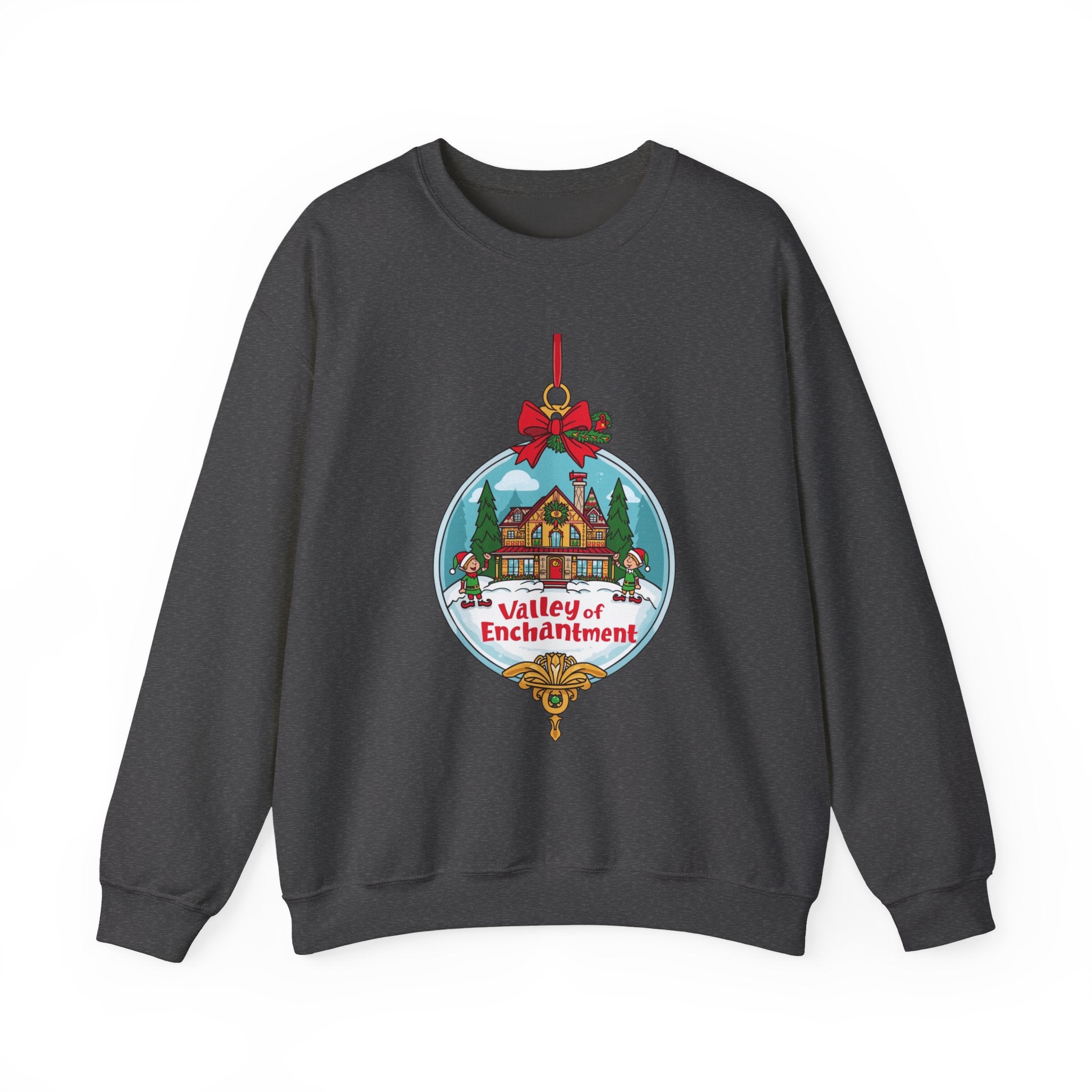 Valley of Enchantment Christmas Sweatshirt – Cute Holiday Ornament House & Elves Crewneck | Mountain Town Christmas Gift | Gildan 18000