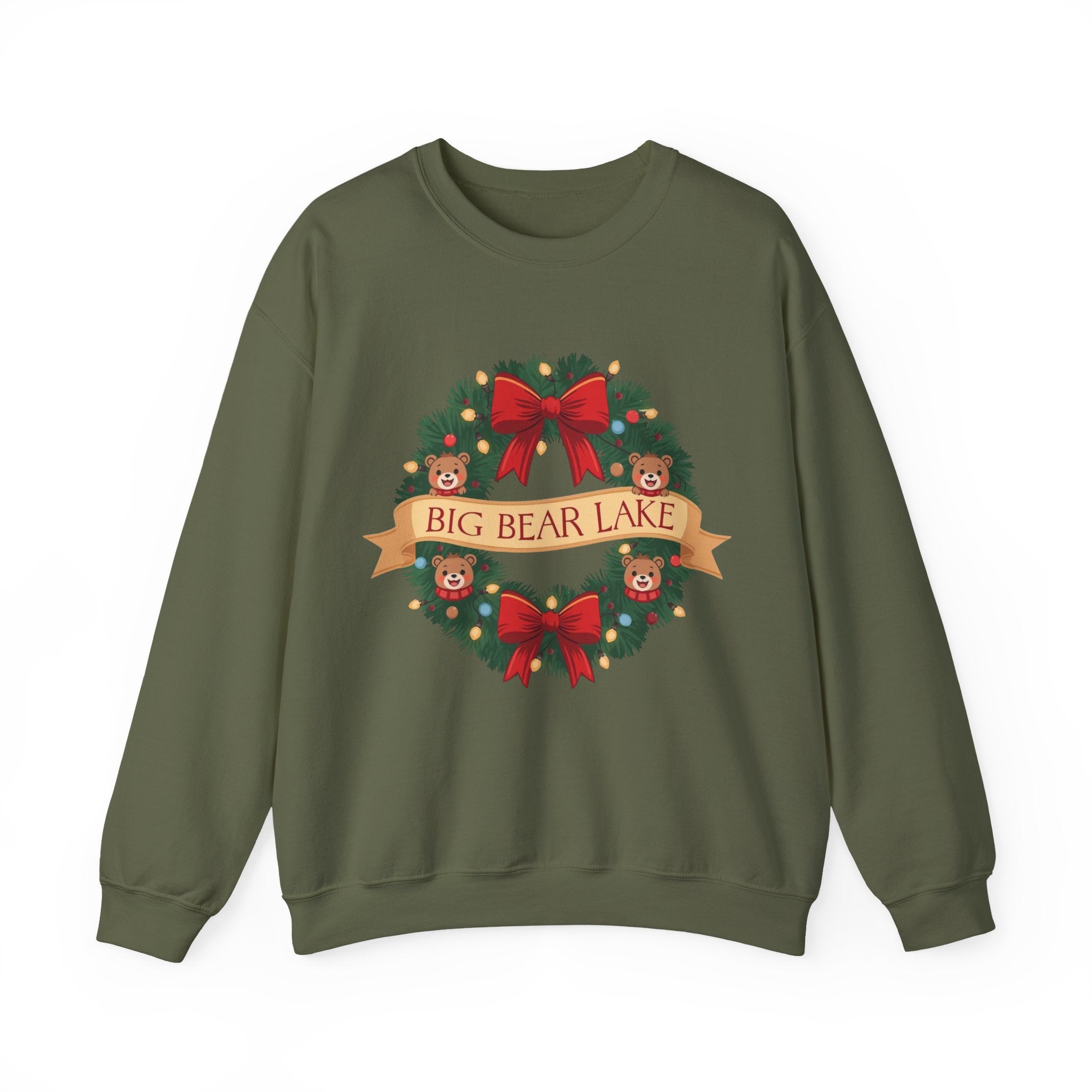 Big Bear Lake Christmas Wreath Sweatshirt — Cute Holiday Bears & Lights | Gildan 18000