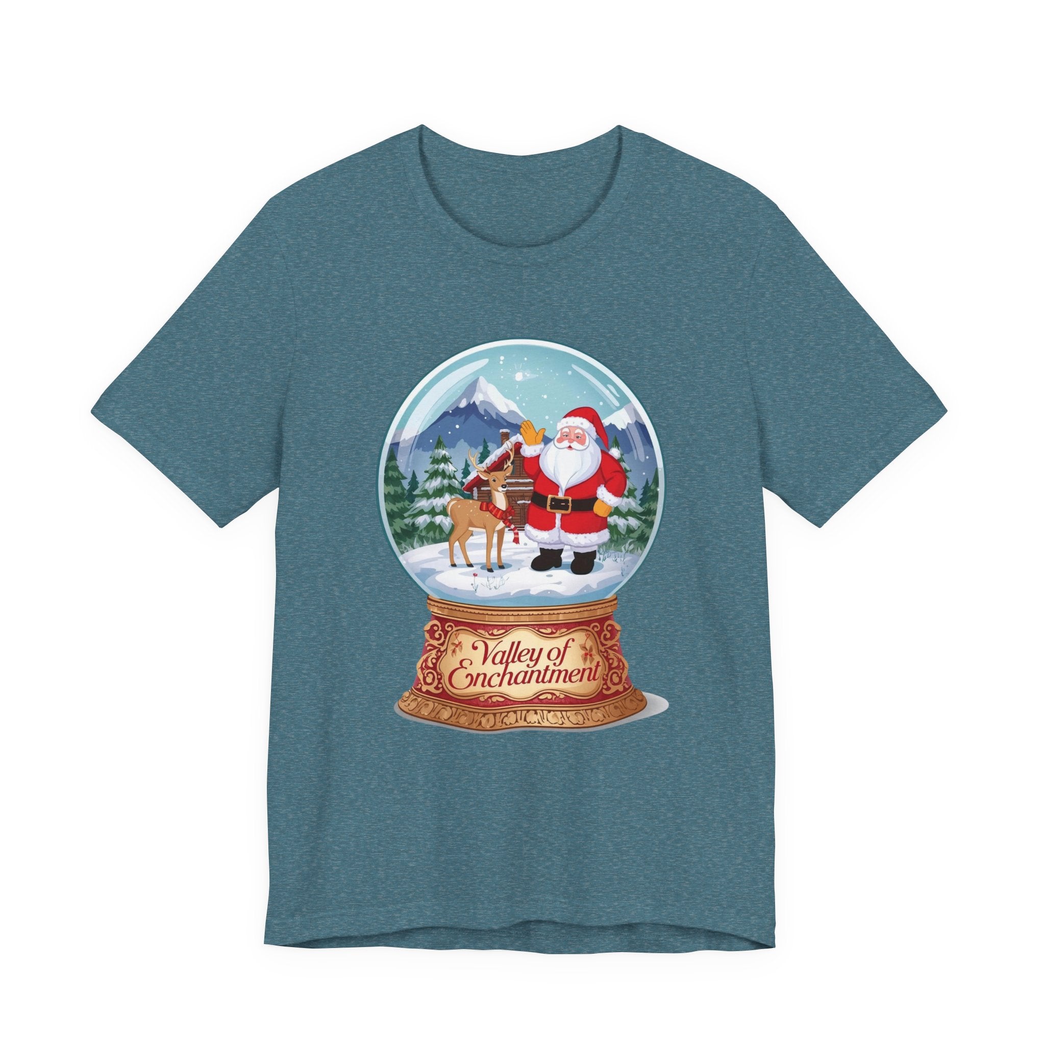 Valley of Enchantment Christmas Shirt – Cute Snow Globe Santa & Reindeer Cabin Tee | Mountain Town Christmas Gift | Bella Canvas 3001