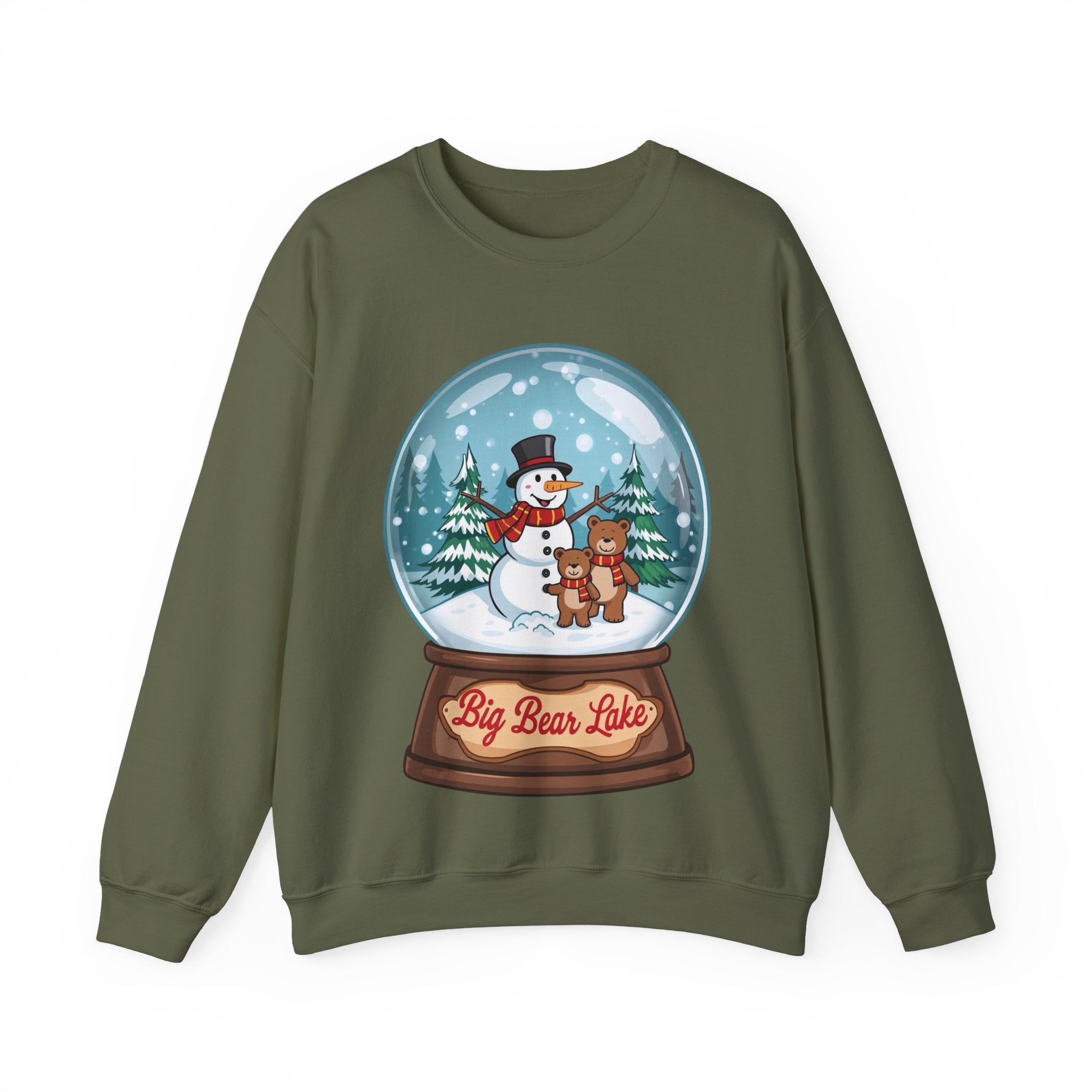 Big Bear Lake Snow Globe Christmas Sweatshirt – Cute Snowman & Bears Winter Crewneck | Holiday Mountain Gift | California Xmas Sweater | Gildan 18000