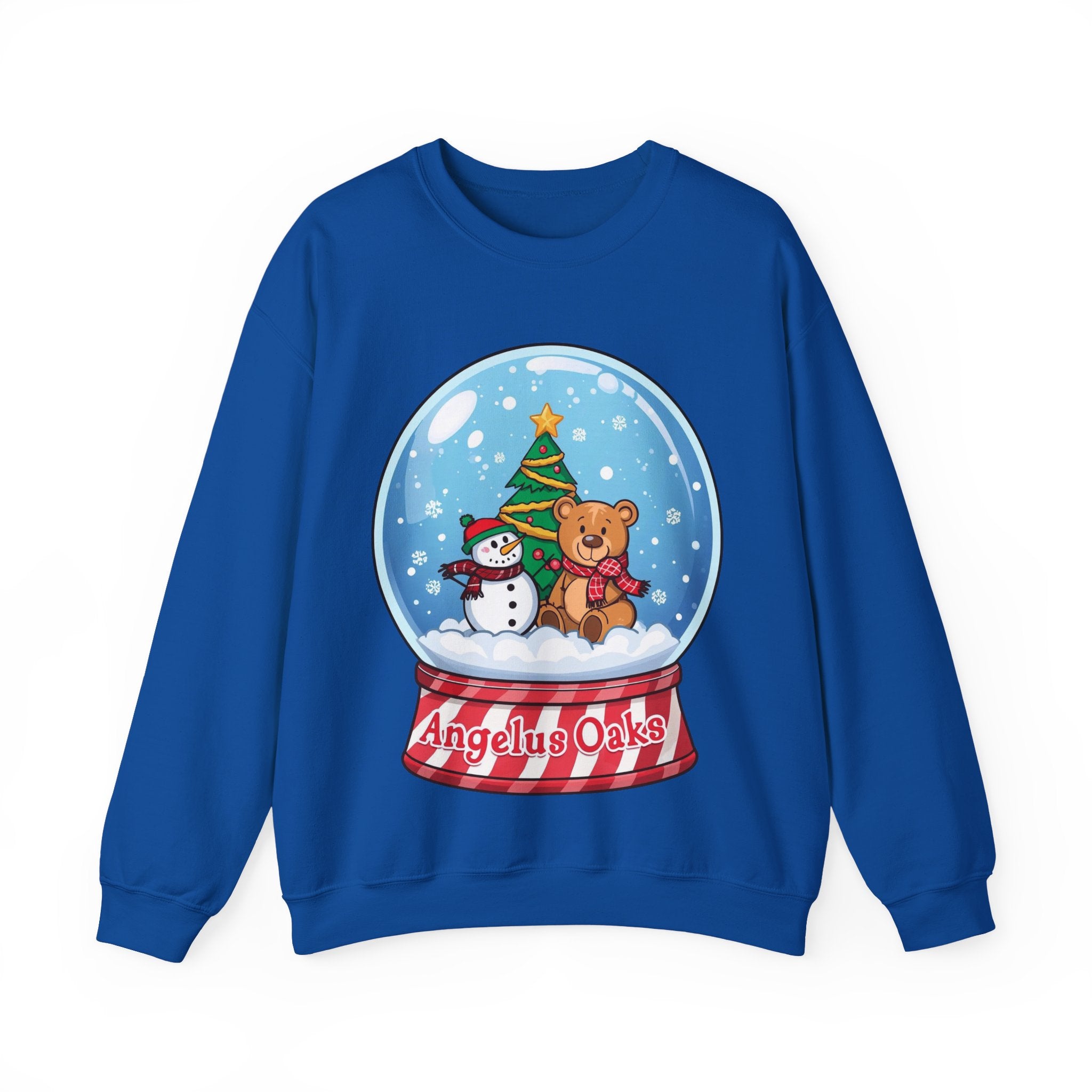 Angelus Oaks Christmas Sweatshirt – Snow Globe Bear & Snowman Crewneck | Cozy Mountain Town Holiday Sweater | Gildan 18000