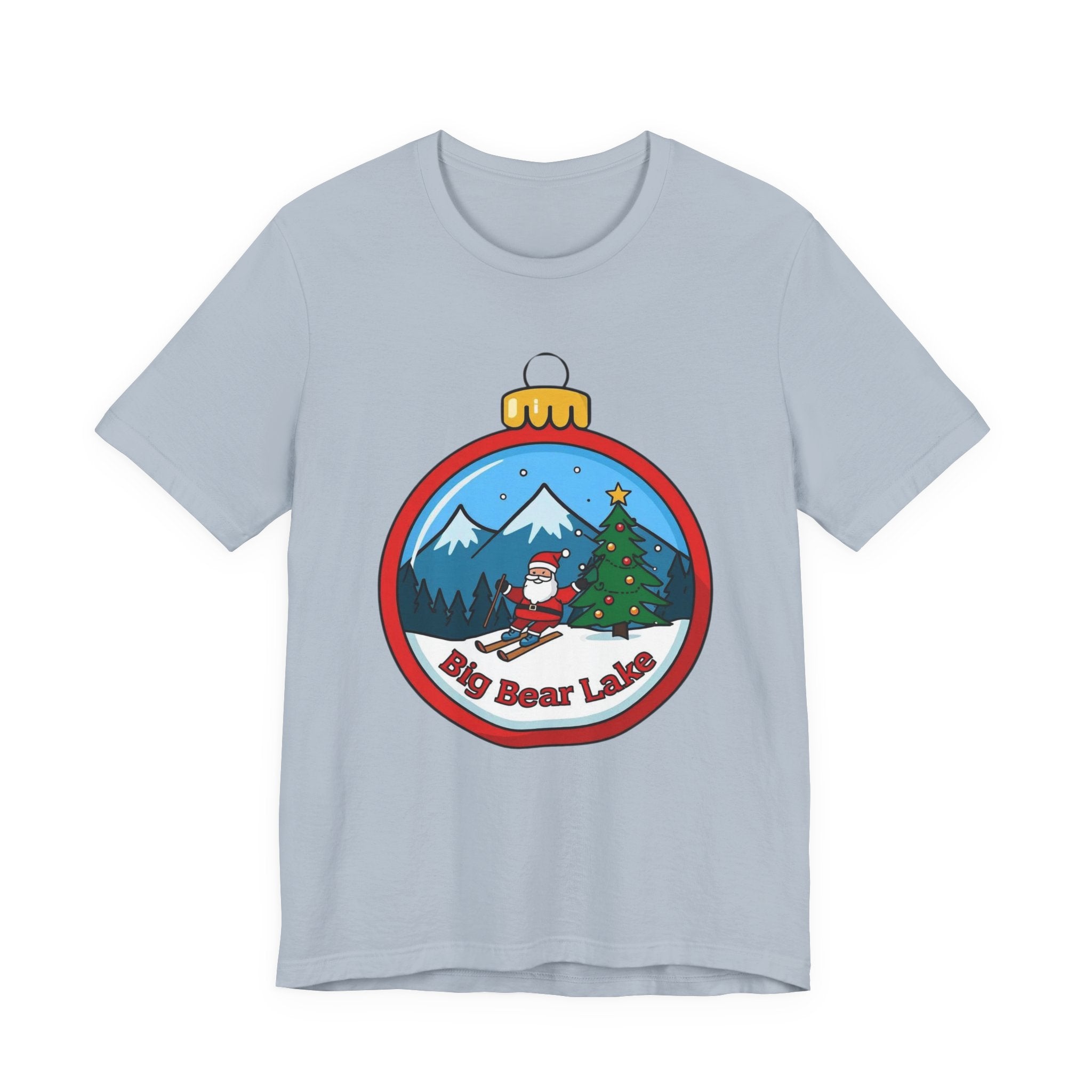 Big Bear Lake Skiing Santa Ornament T-Shirt — Christmas Mountain Holiday Tee | Bella Canvas 3001