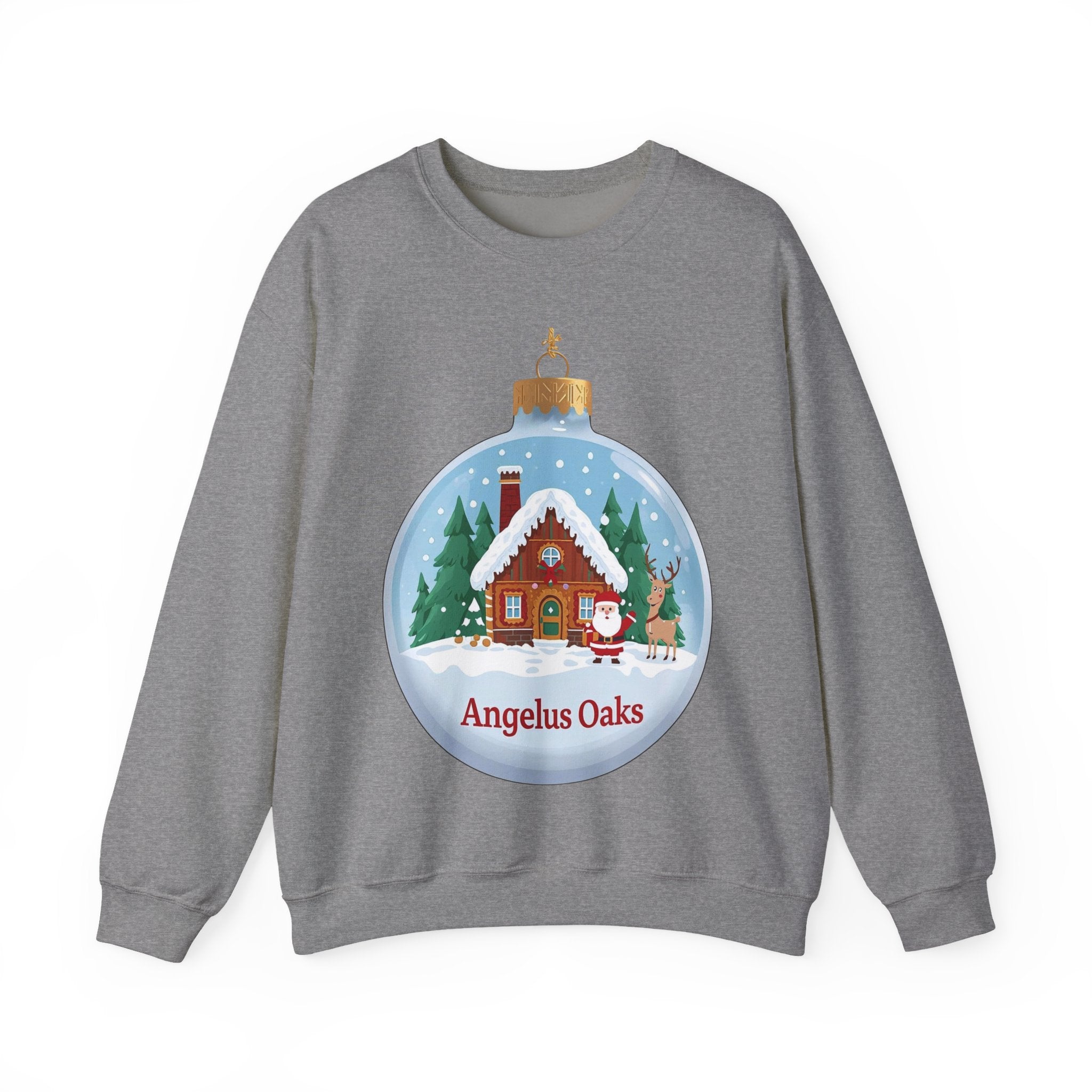 Angelus Oaks Christmas Sweatshirt – Santa & Reindeer Cabin Ornament Crewneck | Mountain Town Holiday Sweater | Gildan 18000