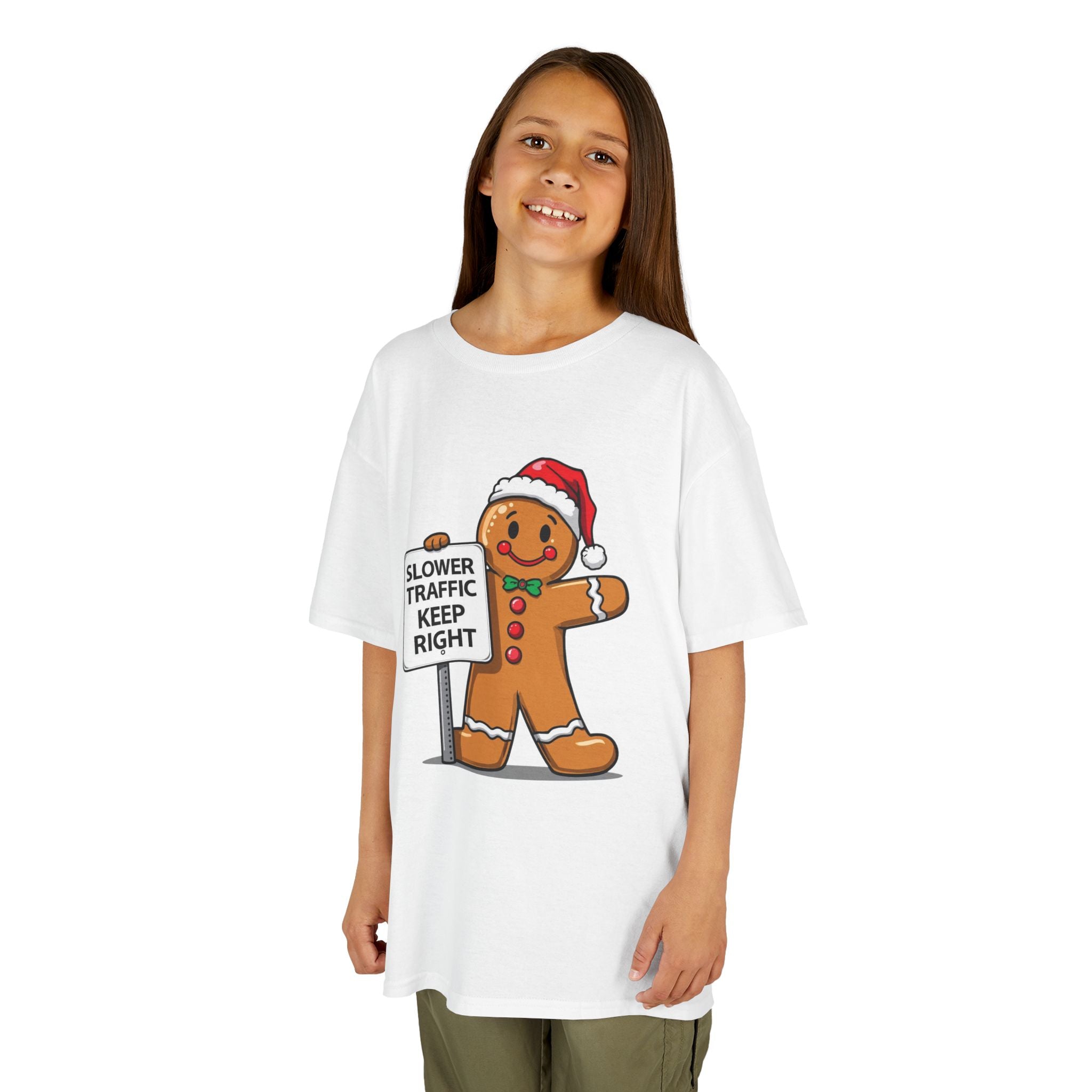 Funny Gingerbread Traffic Kids Christmas Shirt – Slower Traffic Keep Right Holiday Tee | Cute Gingerbread Man Humor | Gildan 5000B