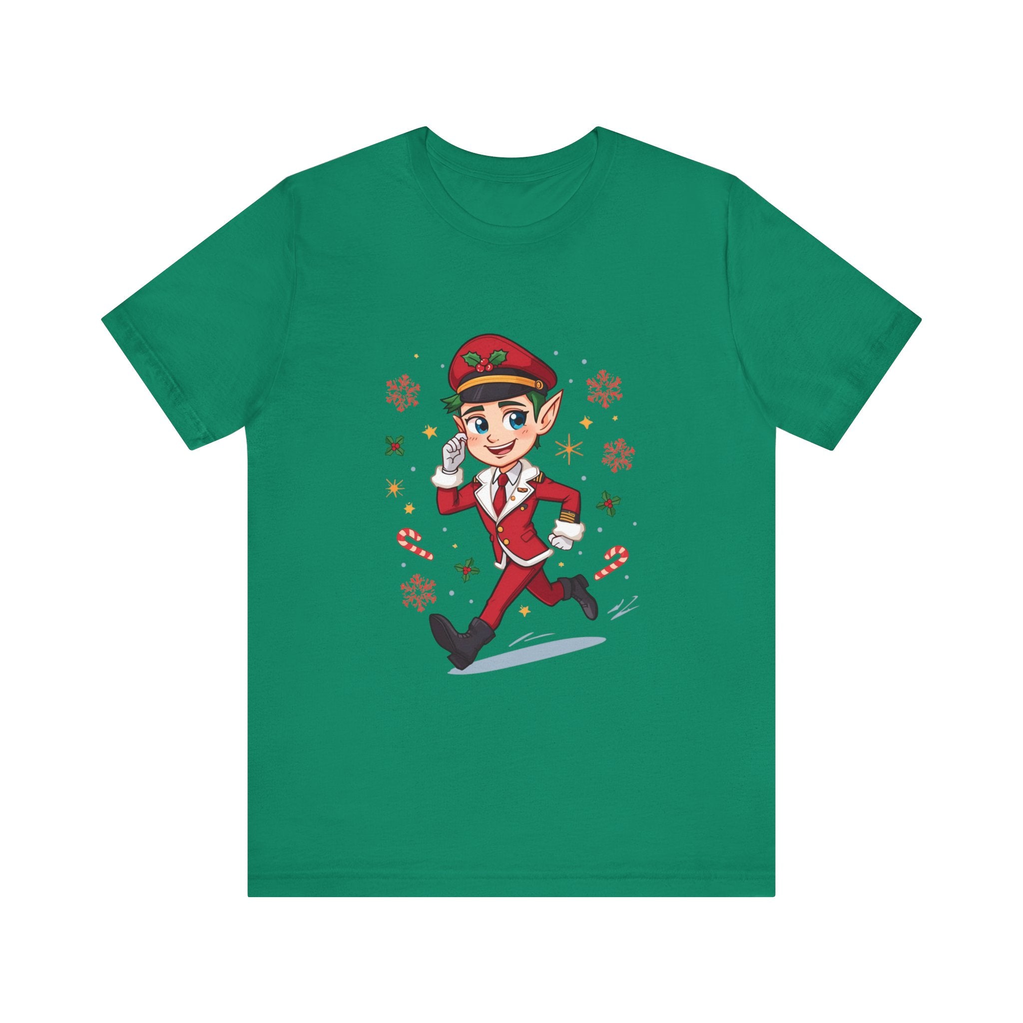 Christmas Candy-Stripe Elf Pilot Tee — Cute Holiday Elf Running with Candy Canes