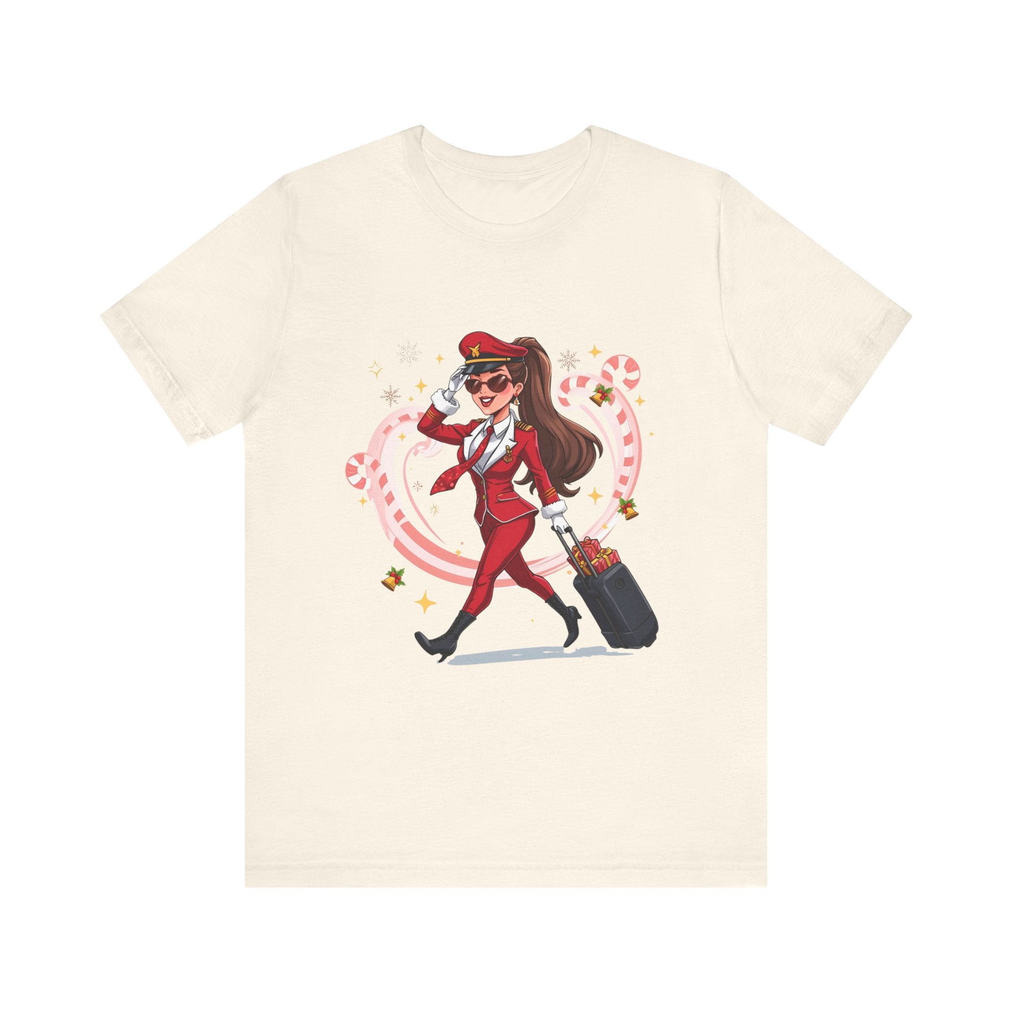 Sassy Pilot Cartoon Tee - Cute Female Pilot Stewardess with Luggage Shirt