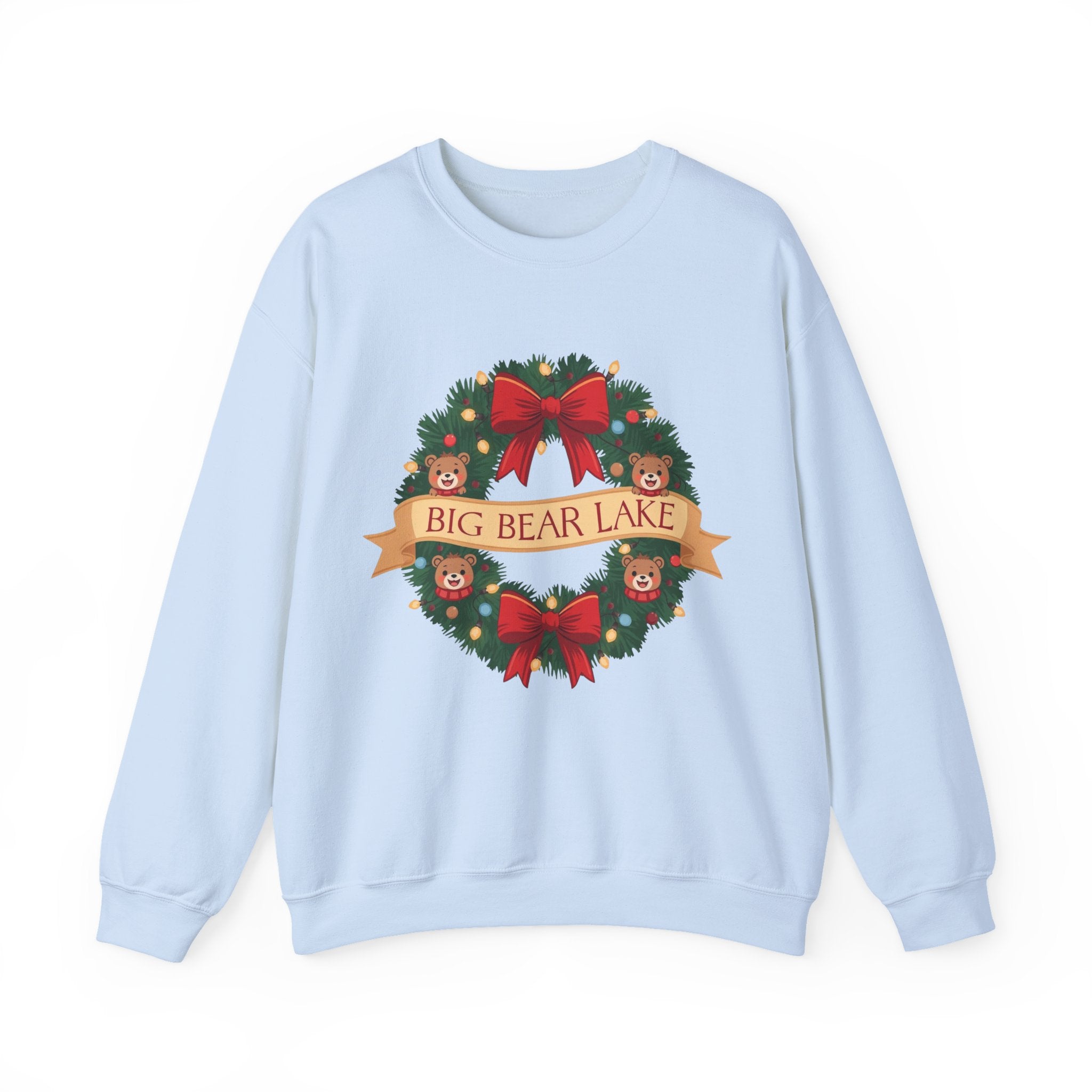 Big Bear Lake Christmas Wreath Sweatshirt — Cute Holiday Bears & Lights | Gildan 18000