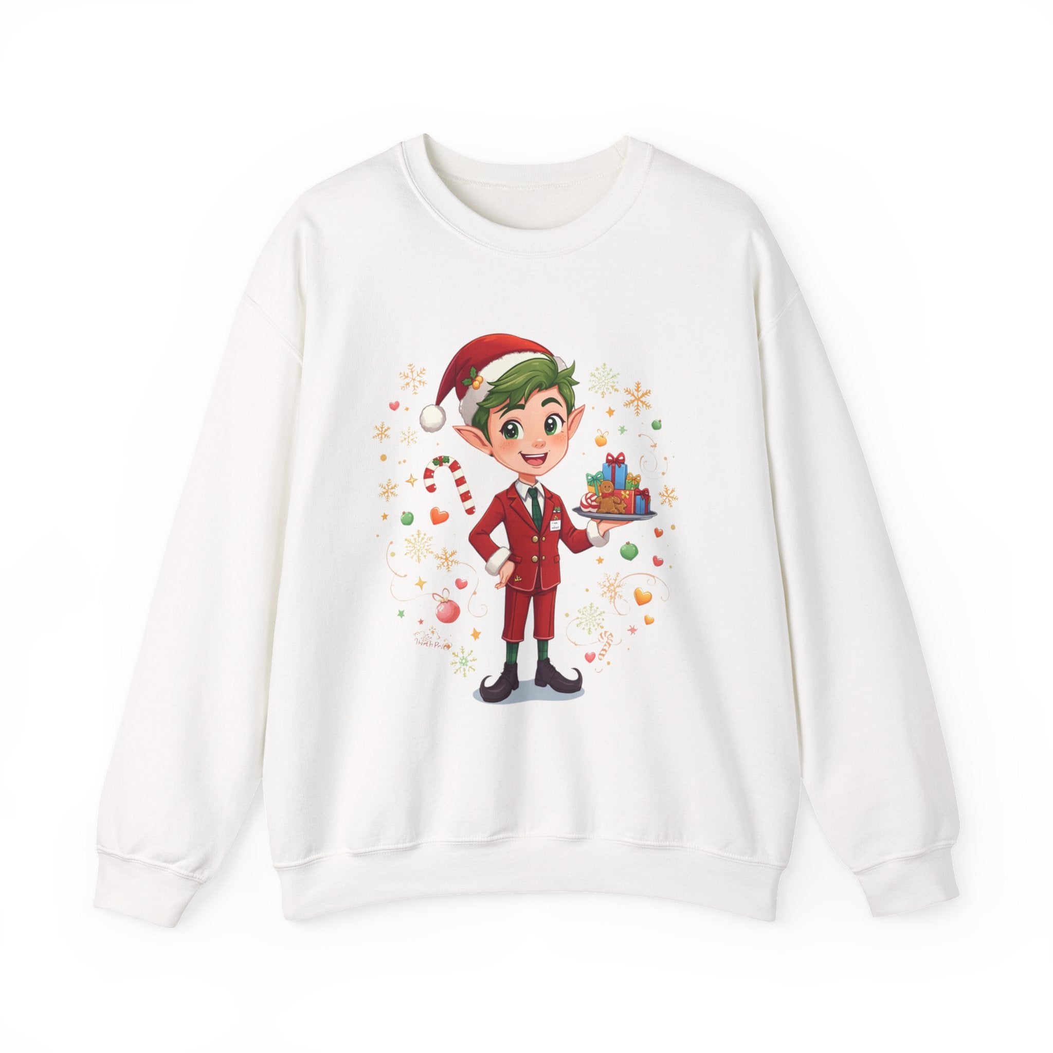 Christmas Cabin Elf Crewneck Sweatshirt – Cute Holiday Elf with Candy & Gifts