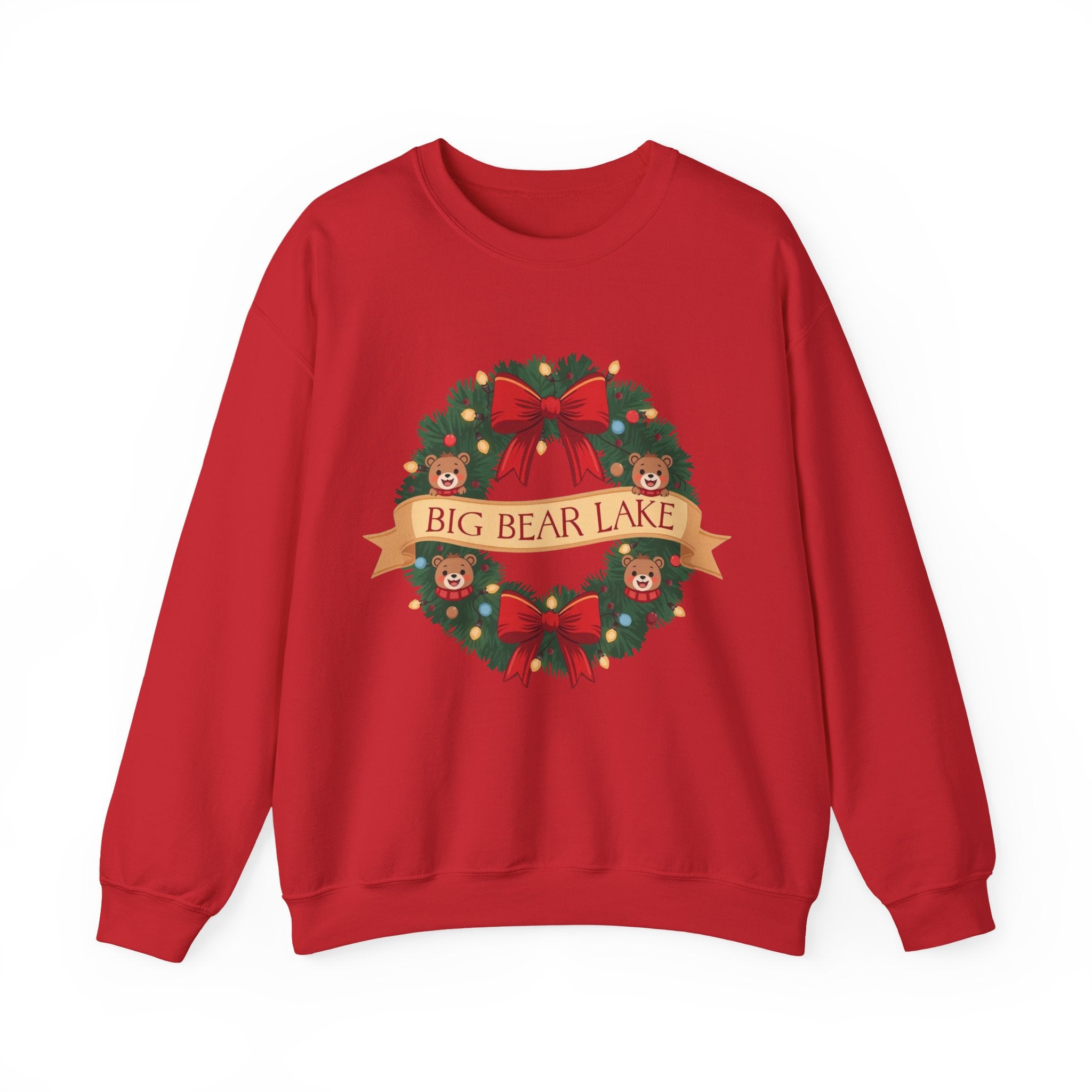 Big Bear Lake Christmas Wreath Sweatshirt — Cute Holiday Bears & Lights | Gildan 18000