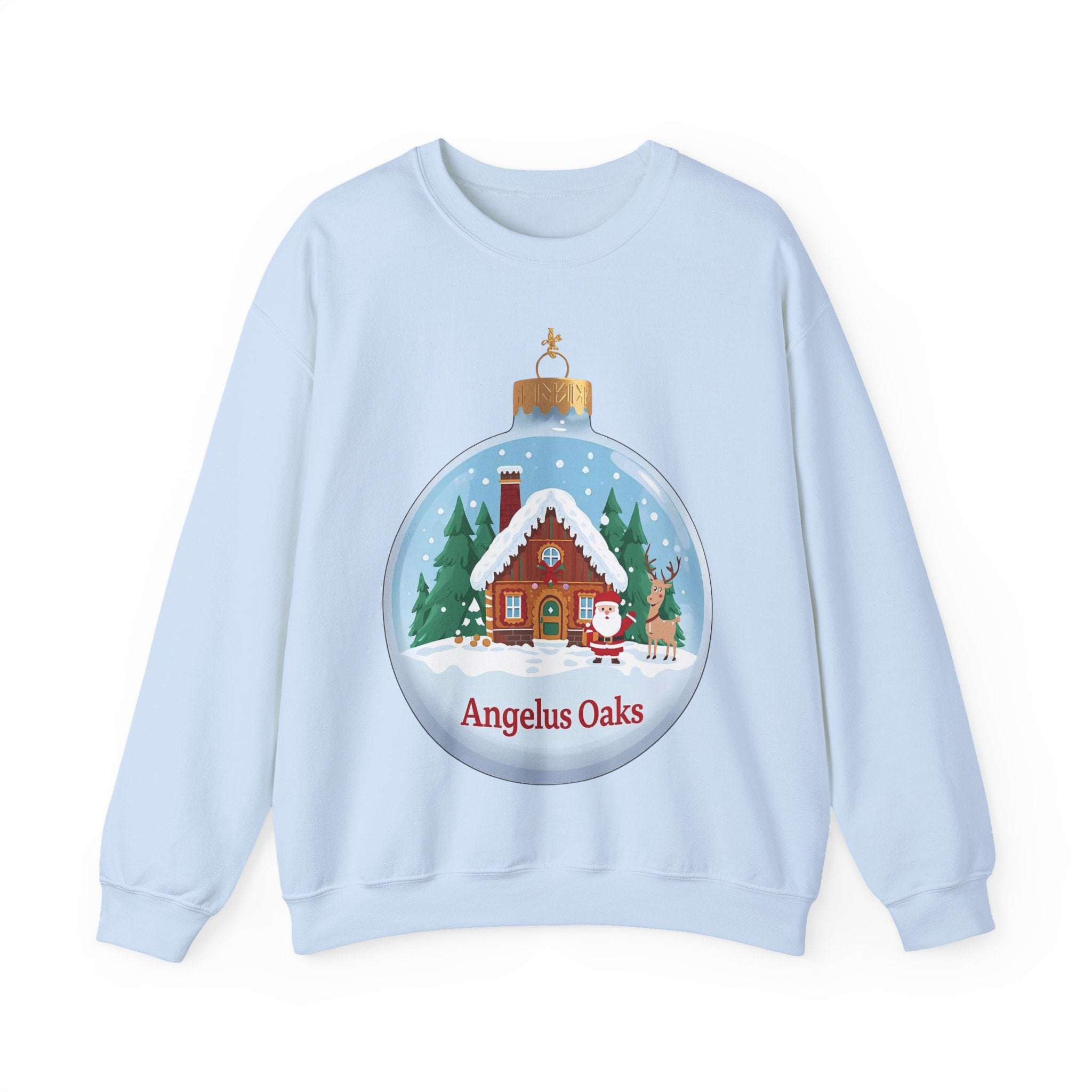 Angelus Oaks Christmas Sweatshirt – Santa & Reindeer Cabin Ornament Crewneck | Mountain Town Holiday Sweater | Gildan 18000