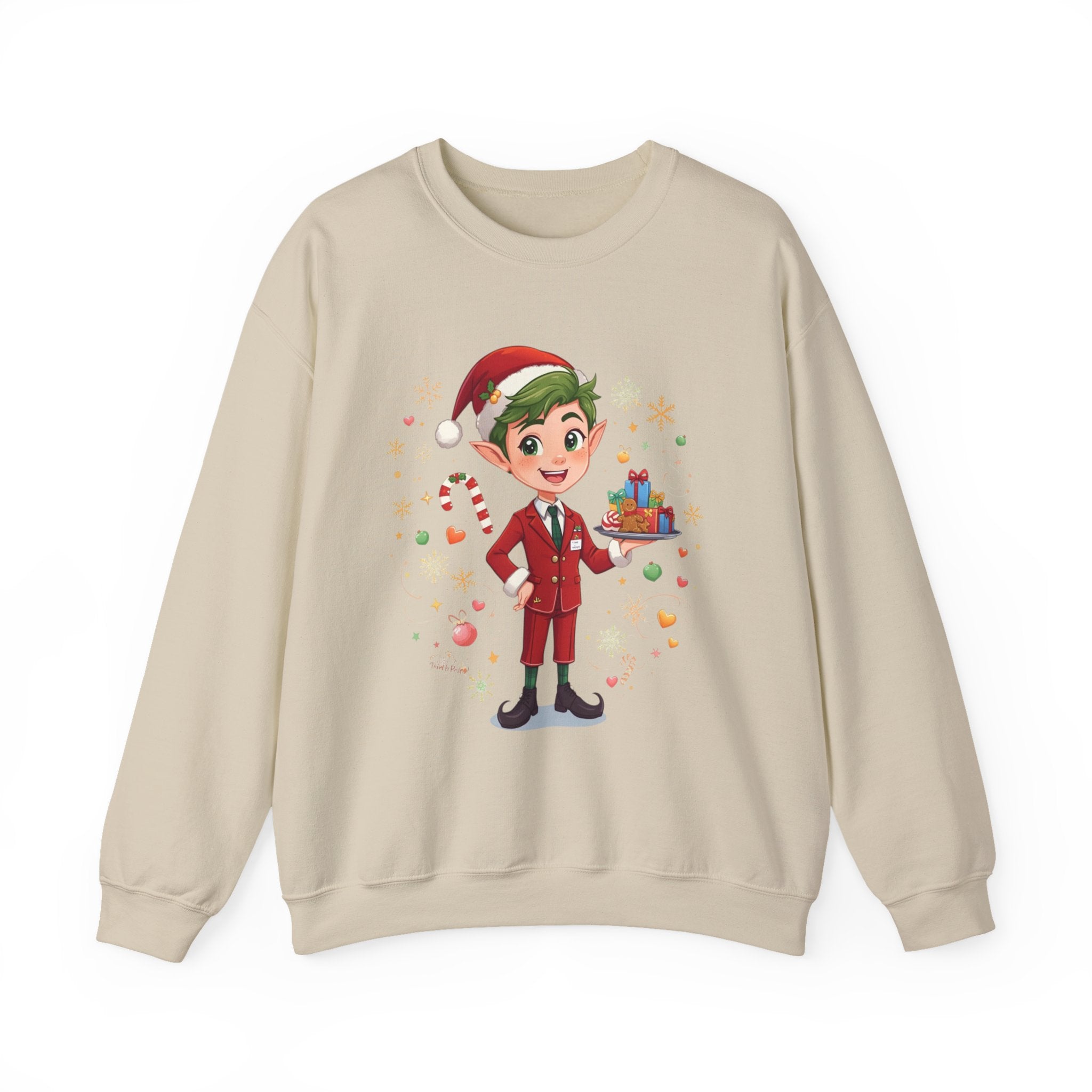 Christmas Cabin Elf Crewneck Sweatshirt – Cute Holiday Elf with Candy & Gifts