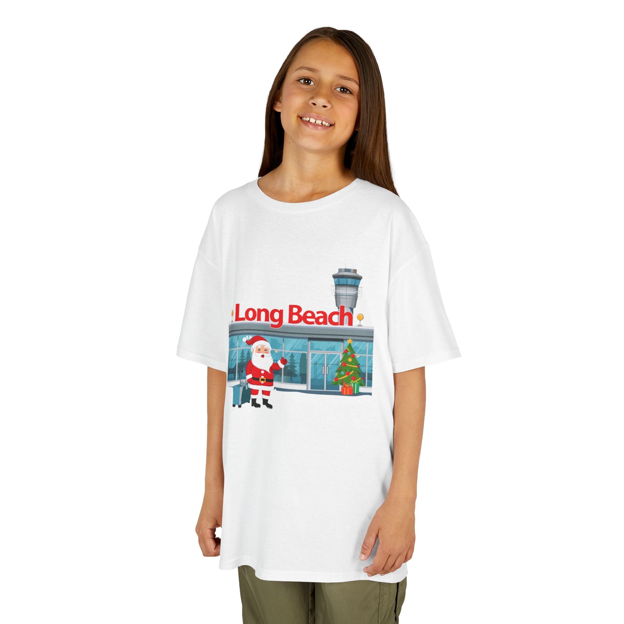 Kids Long Beach Airport Christmas Shirt – Santa Arrival Youth Tee | Cute Holiday Travel Shirt | Santa Luggage Graphic | Gildan 5000B
