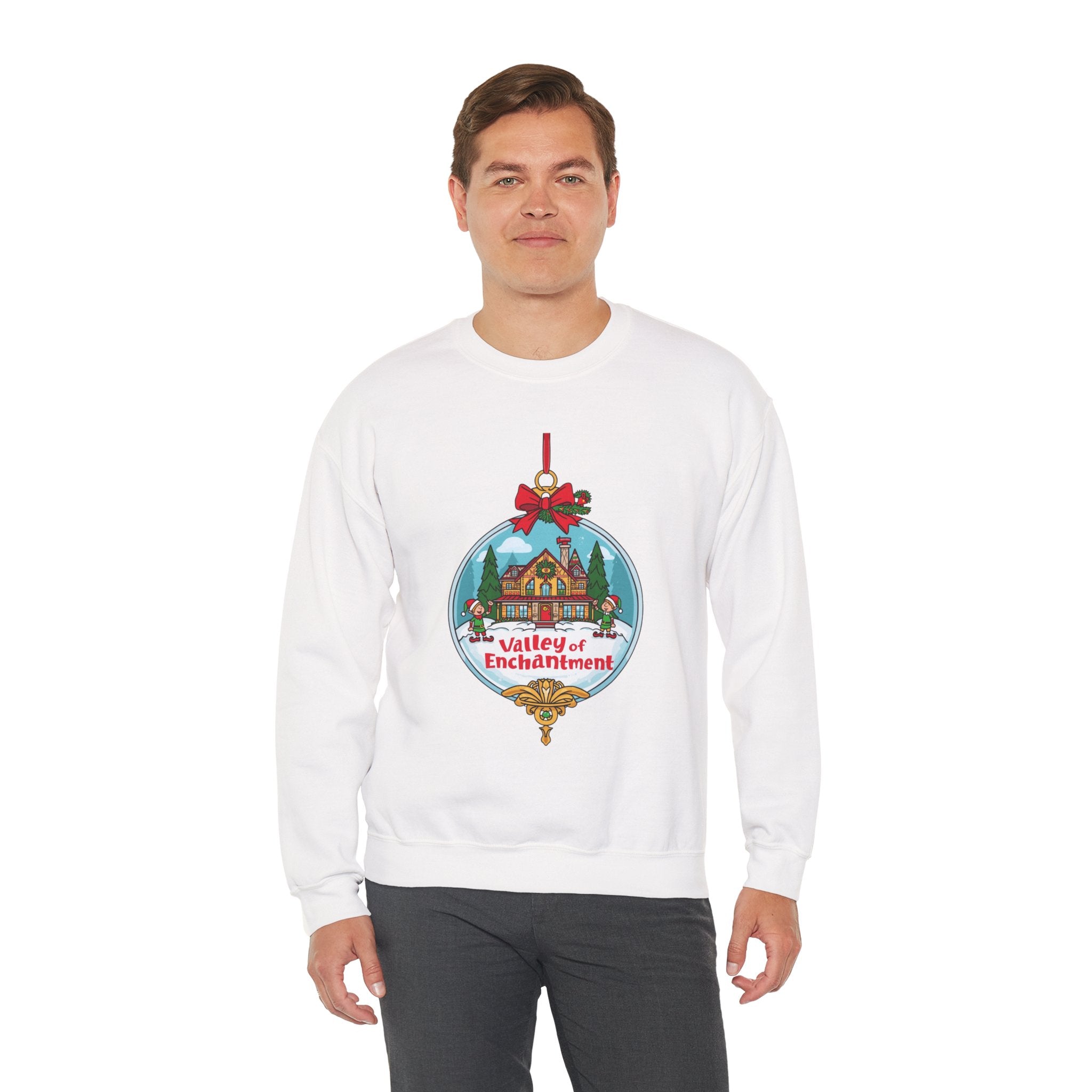 Valley of Enchantment Christmas Sweatshirt – Cute Holiday Ornament House & Elves Crewneck | Mountain Town Christmas Gift | Gildan 18000