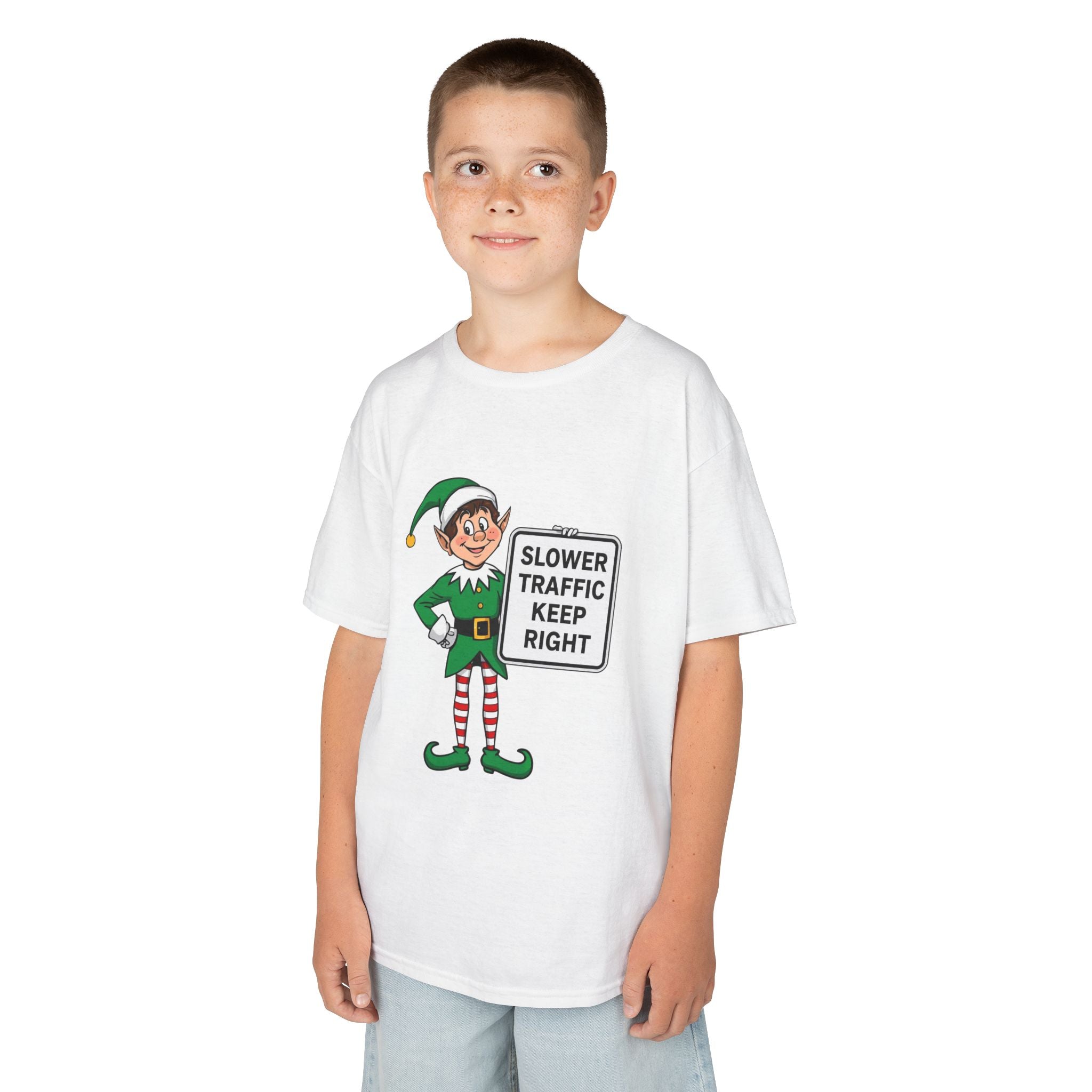 Funny Elf Traffic Kids Christmas Shirt – Slower Traffic Keep Right Holiday Tee | Cute Christmas Elf Humor | Gildan 5000B