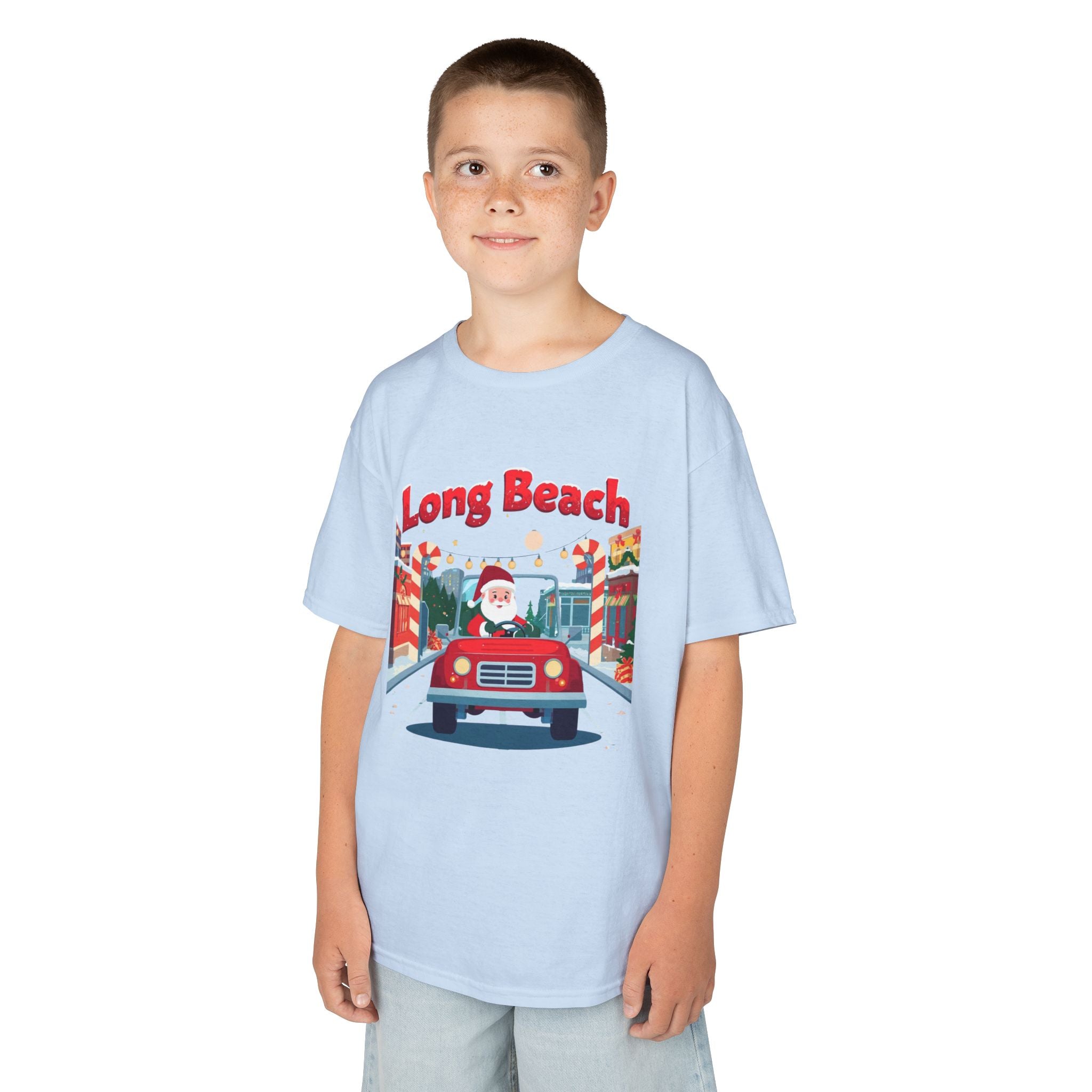 Kids Long Beach Christmas Santa Car Shirt – Cute Holiday Youth Tee | Santa Driving Graphic | California Christmas Kids T-Shirt | Gildan 5000B