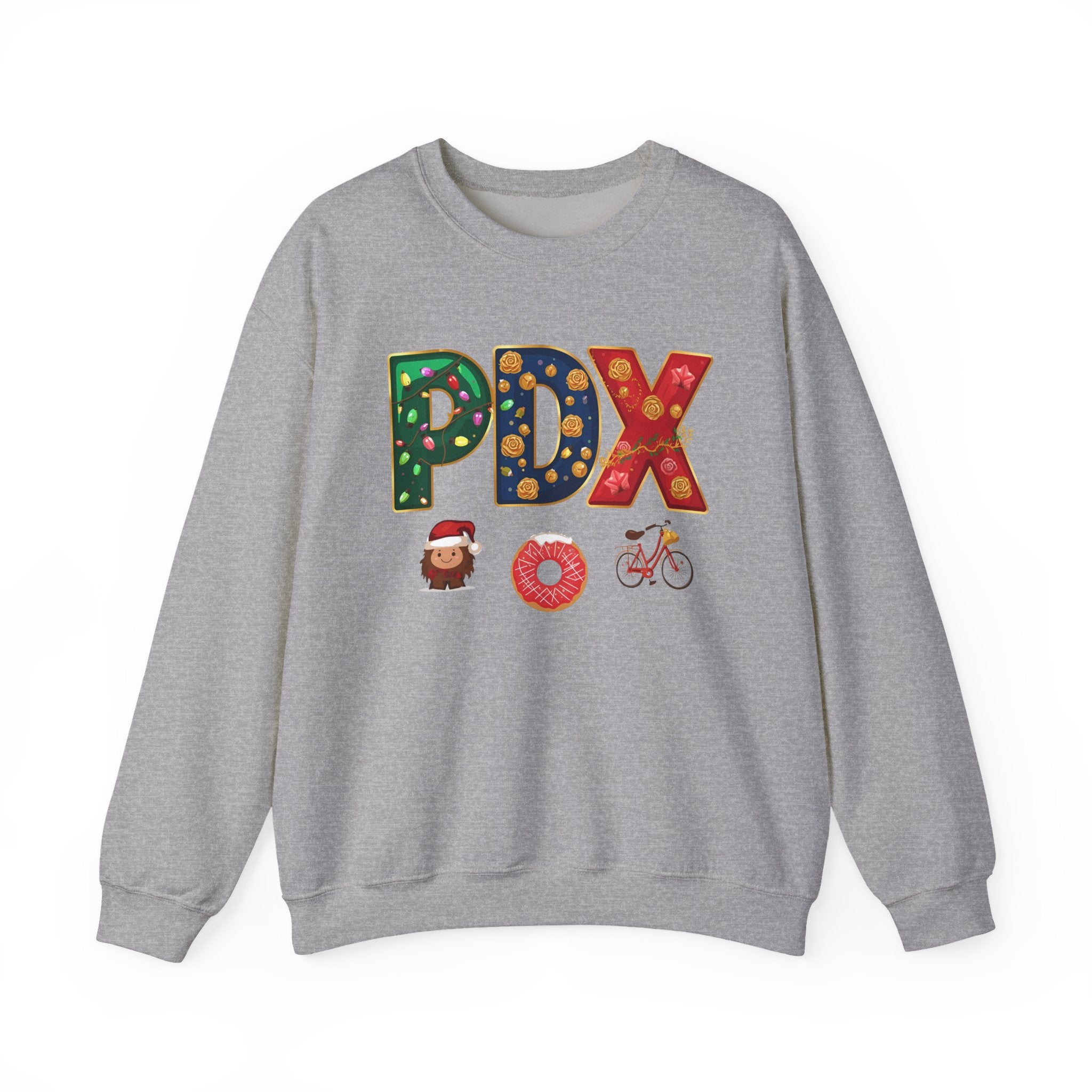 PDX Christmas Sweatshirt – Festive Holiday Letter Art Crewneck | Winter Travel Gift | Gildan 18000