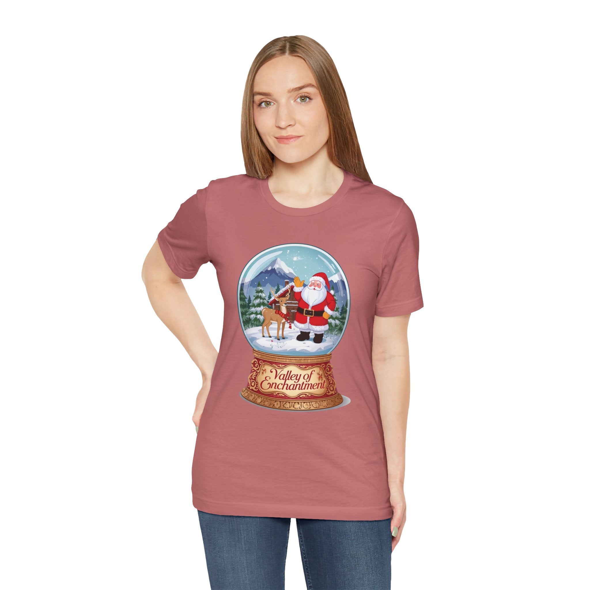 Valley of Enchantment Christmas Shirt – Cute Snow Globe Santa & Reindeer Cabin Tee | Mountain Town Christmas Gift | Bella Canvas 3001