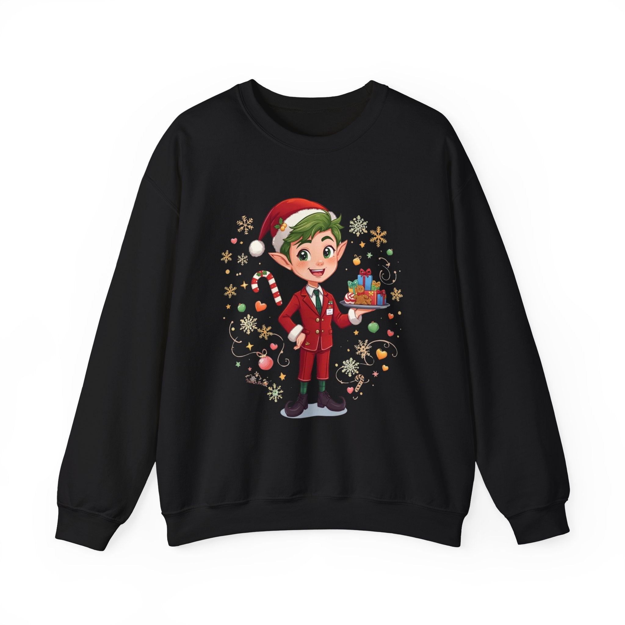 Christmas Cabin Elf Crewneck Sweatshirt – Cute Holiday Elf with Candy & Gifts