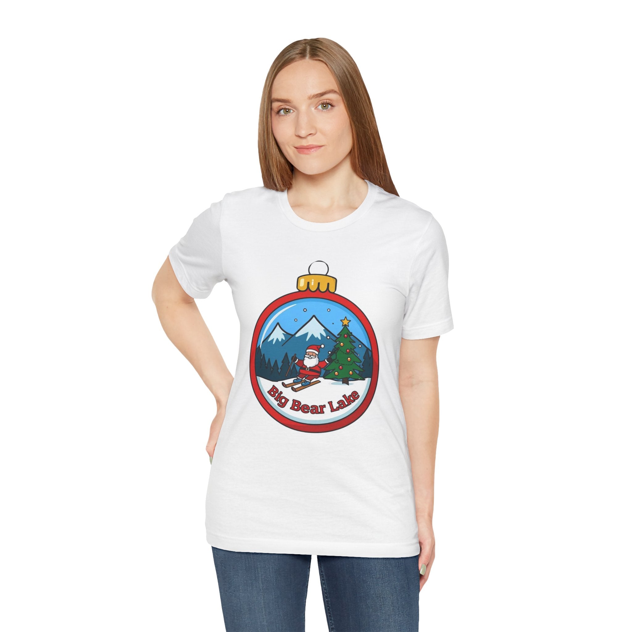 Big Bear Lake Skiing Santa Ornament T-Shirt — Christmas Mountain Holiday Tee | Bella Canvas 3001