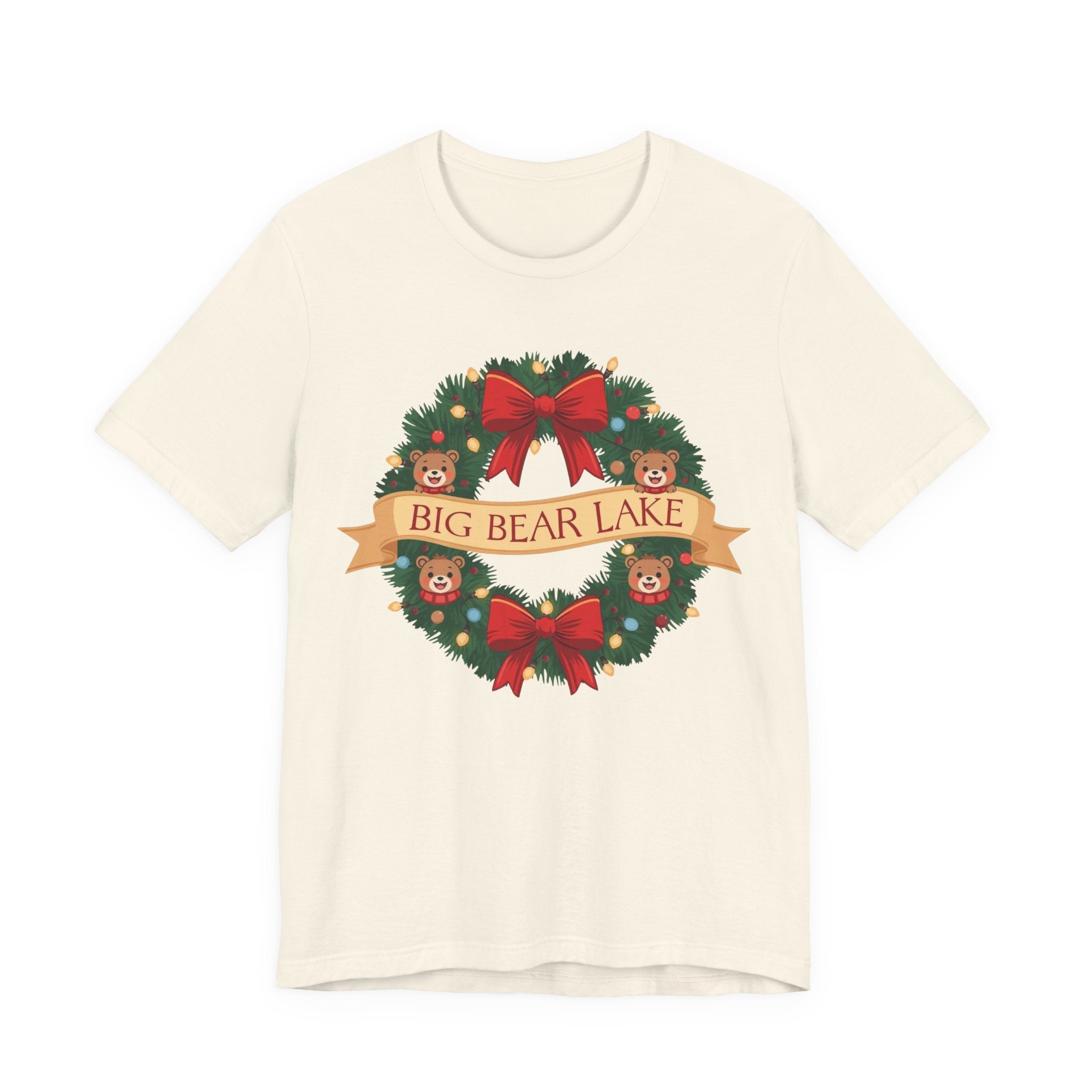 Big Bear Lake Christmas Wreath T-Shirt — Cute Holiday Bears & Lights | Bella Canvas 3001