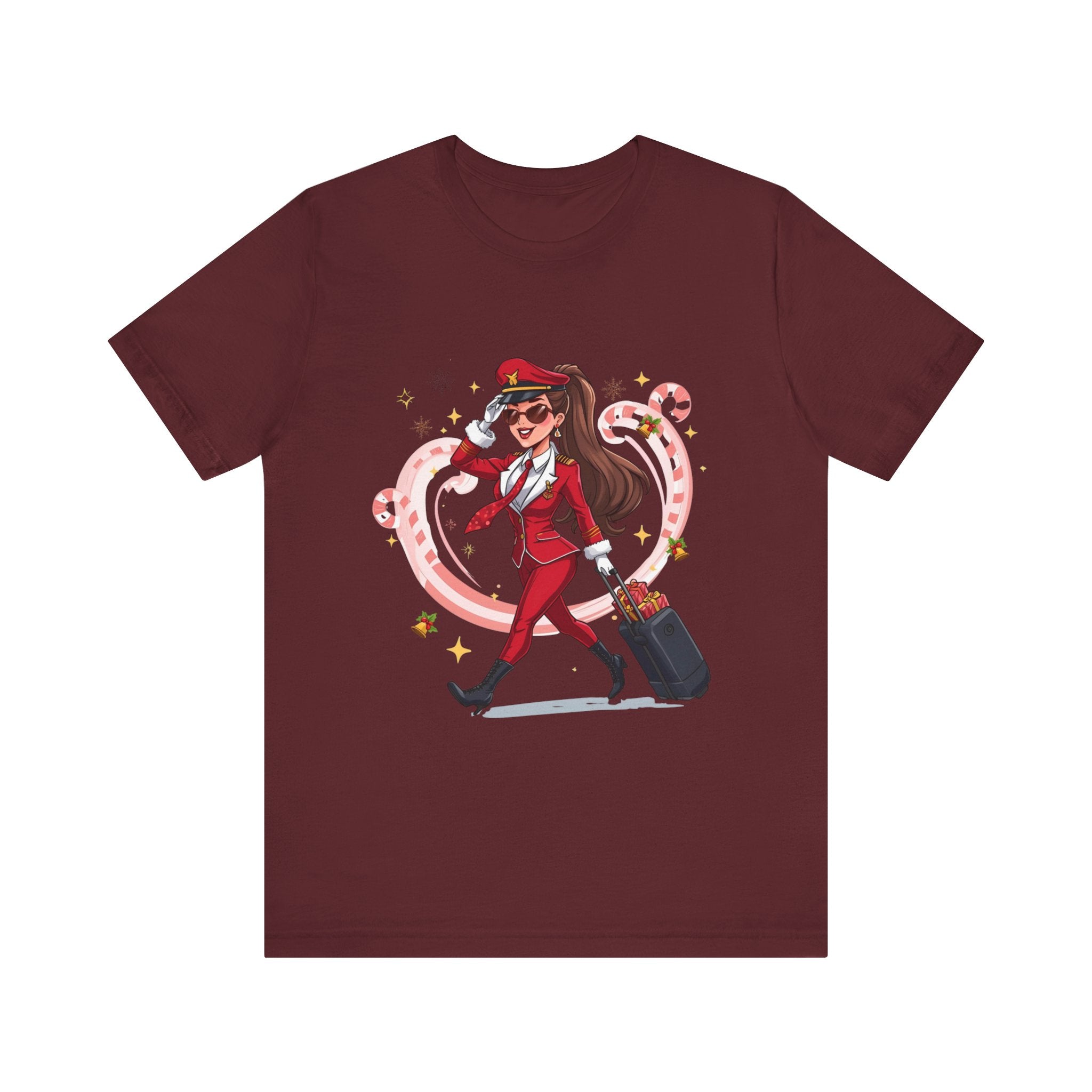 Sassy Pilot Cartoon Tee - Cute Female Pilot Stewardess with Luggage Shirt