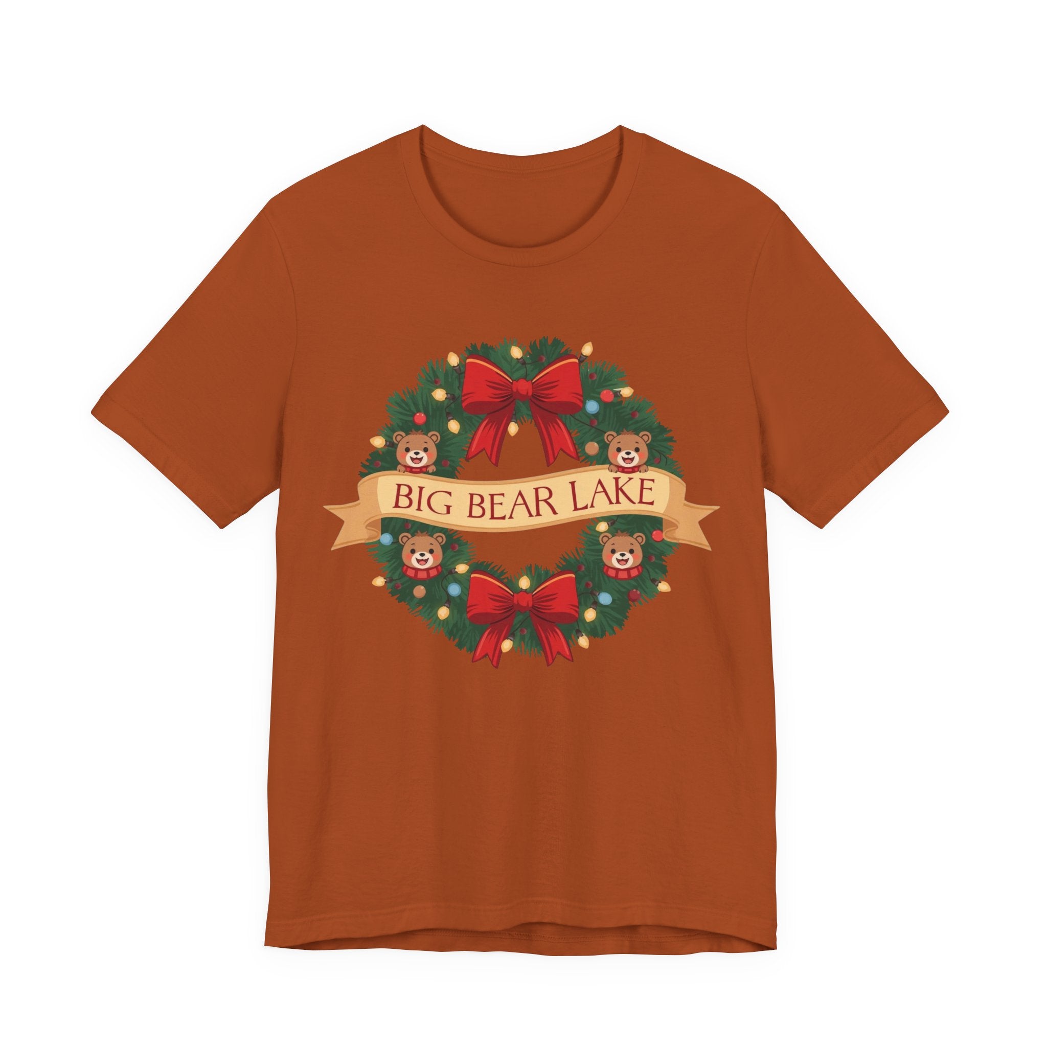Big Bear Lake Christmas Wreath T-Shirt — Cute Holiday Bears & Lights | Bella Canvas 3001