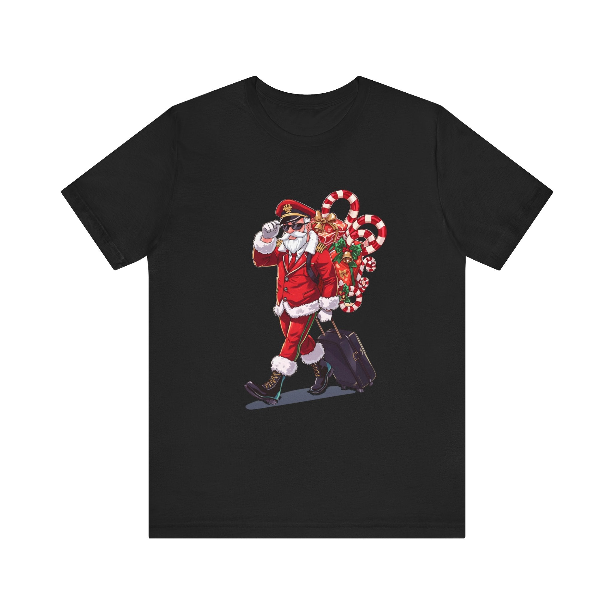 Saucy Santa Pilot T‑Shirt — Vintage Christmas Santa with Candy Cane Sack