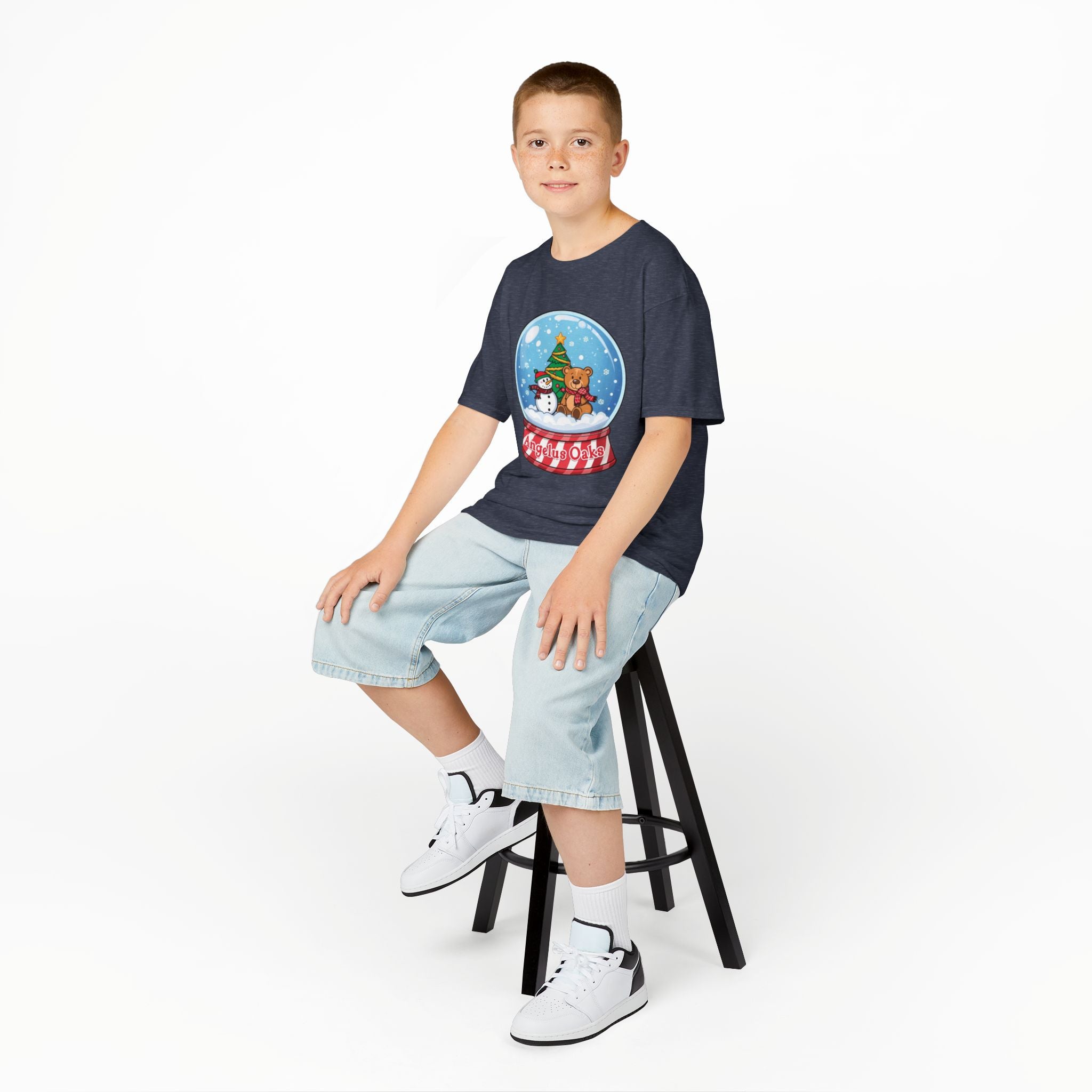 Kids Angelus Oaks Christmas Shirt – Snow Globe Bear & Snowman Youth Tee | Cute Winter Holiday Shirt | Gildan 5000B